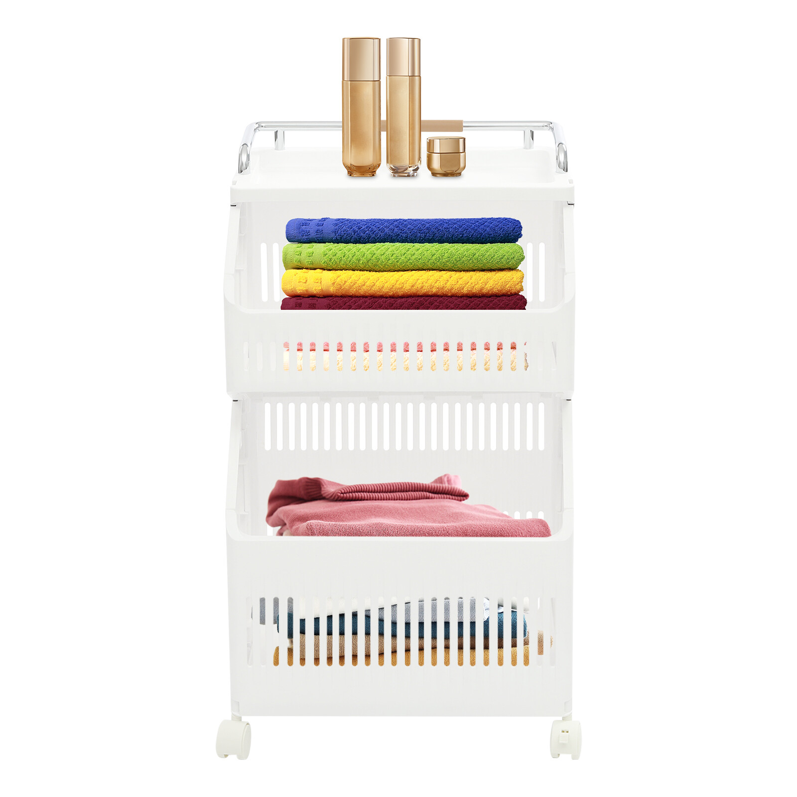 2-tier Clothes Basket Rolling Laundry Basket Collapsible Laundry Hamper Storage