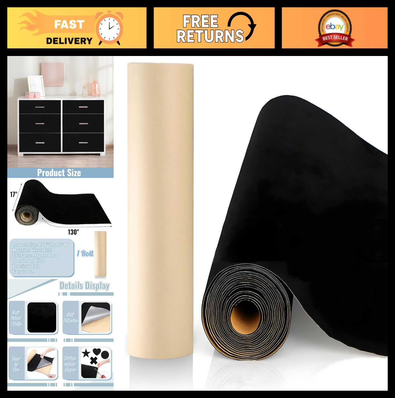 Self-Adhesive Velvet Fabric Roll 130”L x 17”W – Soft Black Felt for Crafts, Dr
