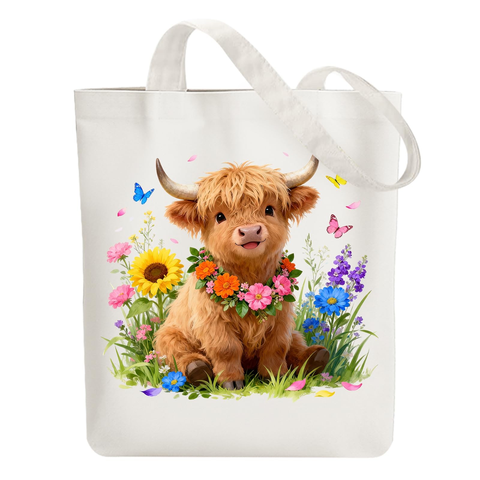 Reusable Durable Floral Highland Cow Canvas Tote Bag, Zippered Shoulder Women’s
