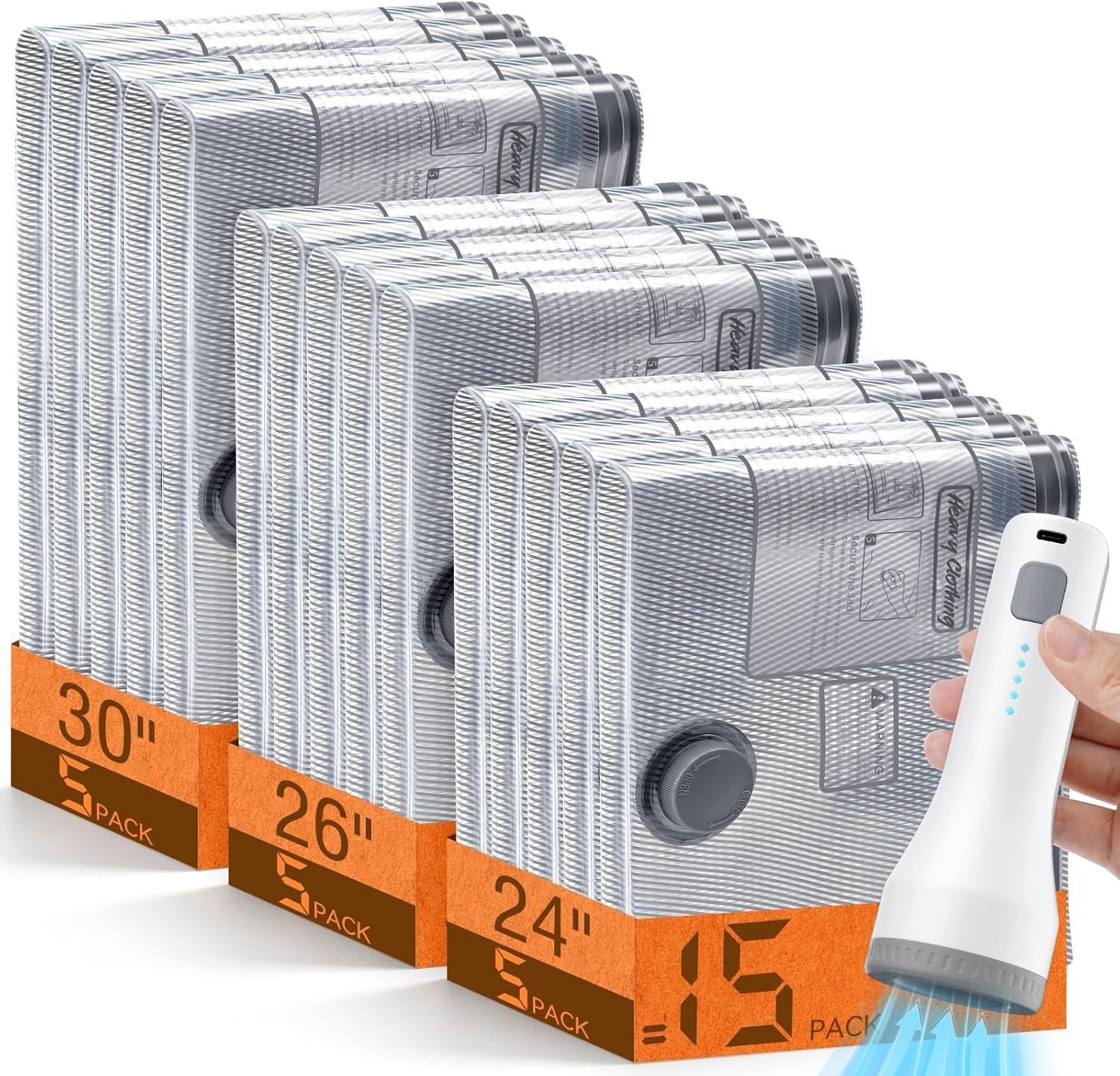 15 Pack Vacuum Storage Bags w Cordless Pump Travel Compression Bags