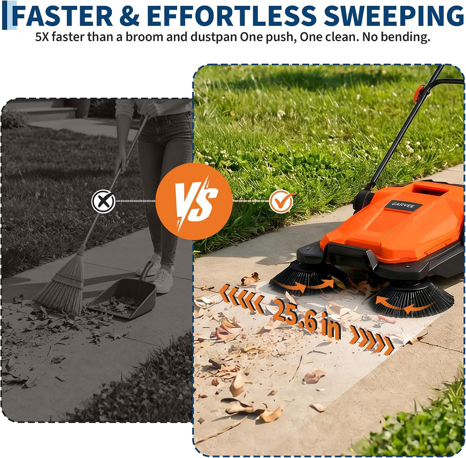 Walk-Behind Floor Sweeper 25.6 Inch Sweeping Width Manual No Electric Durable