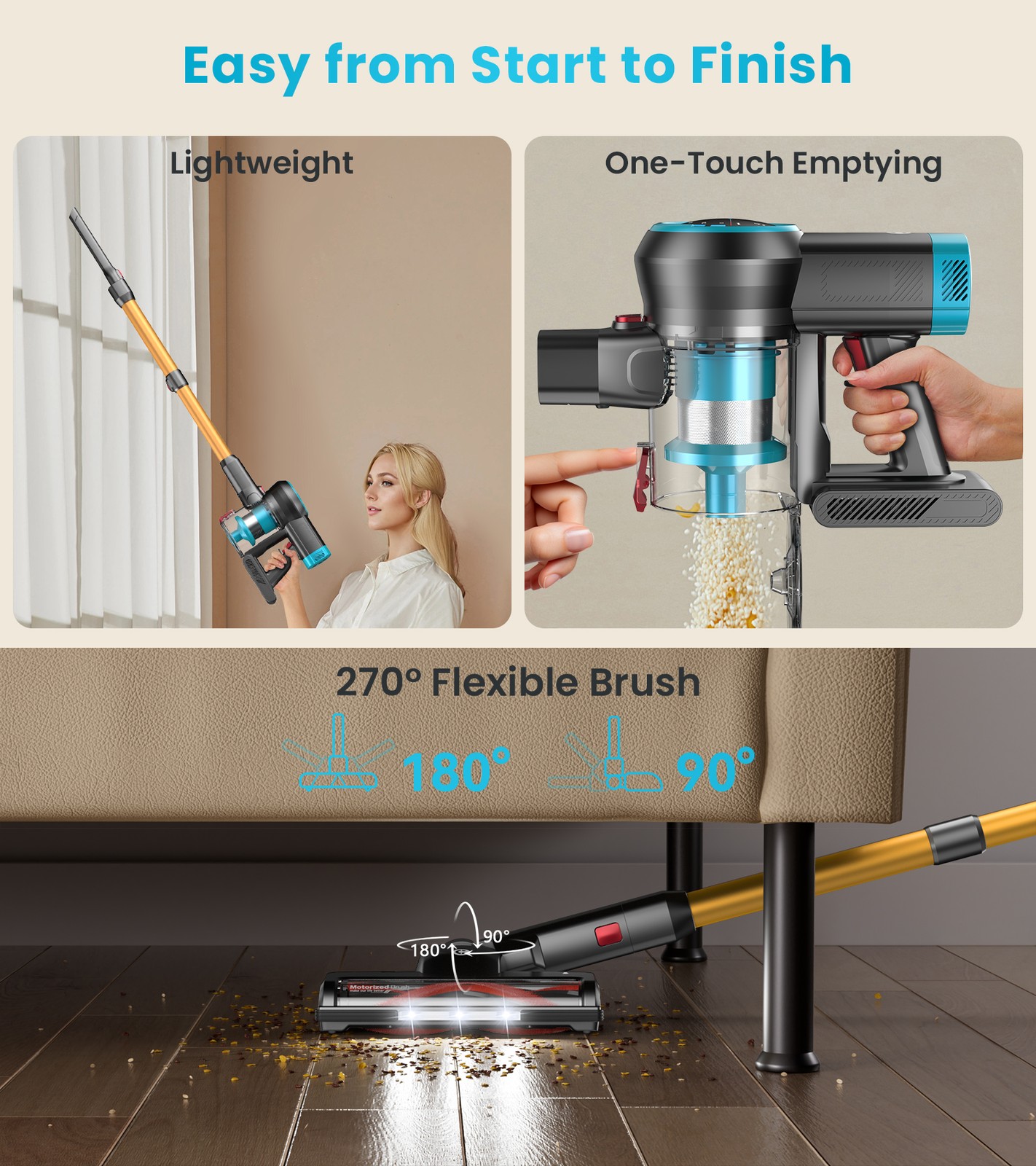 Cordless Vacuum Cleaner 55KPa 550W 60min Self-Standing Stick Carpet Floor Clean