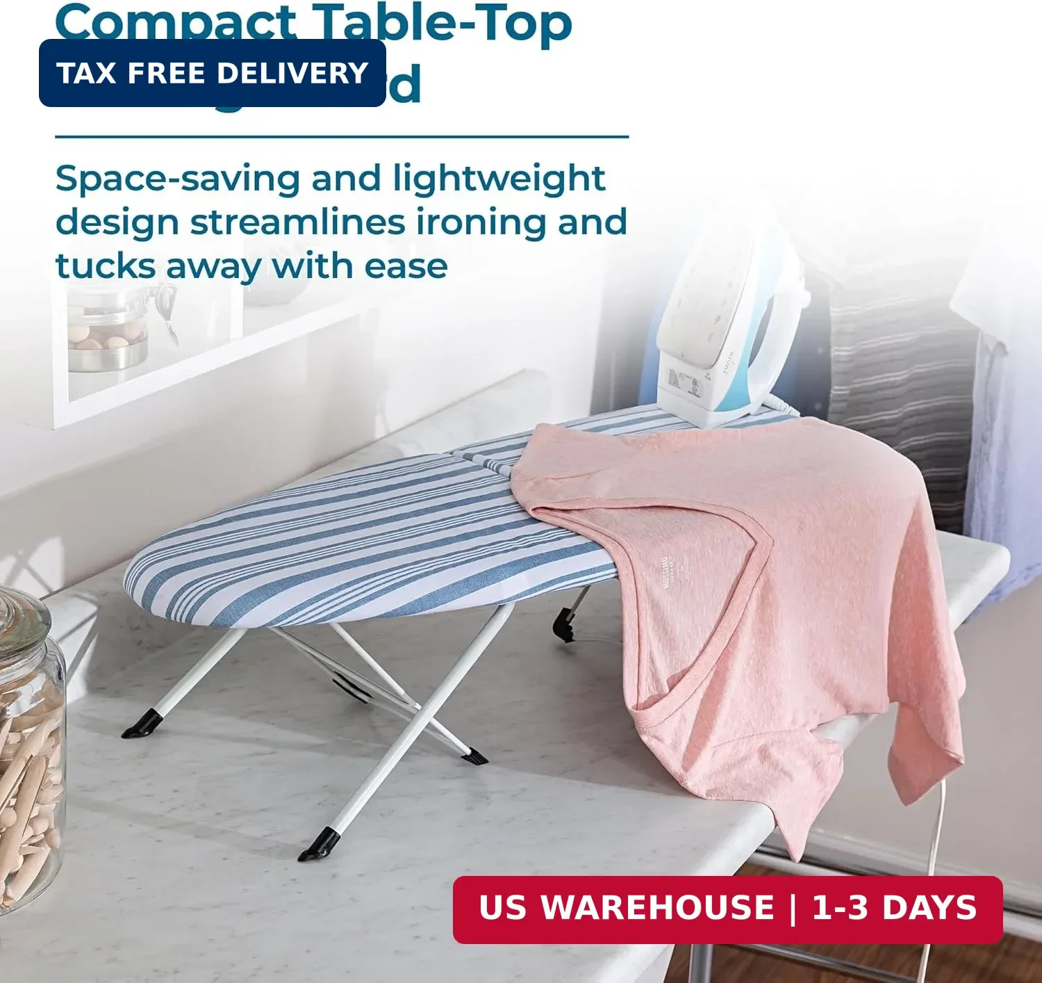 Folding Tabletop Ironing Board with Iron Rest, Blue, 32” L X 12” W, Steel Frame