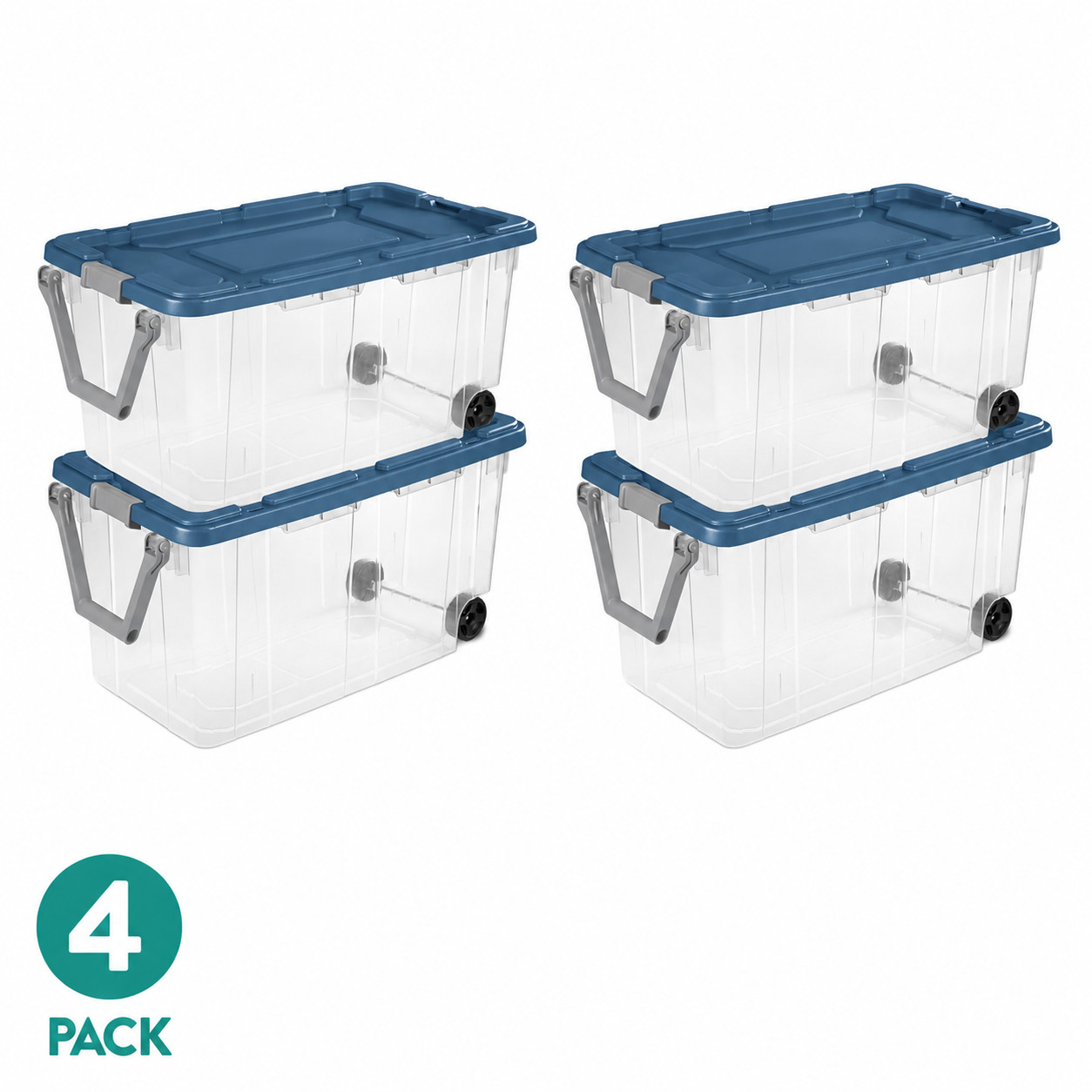 Sterilite 160 Qt Wheeled Storage Bin Clear Blue Latching Lid 4 Pack