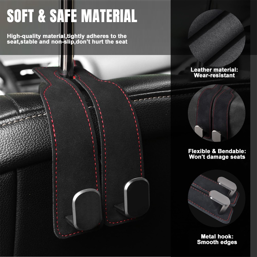 2x Car Headrest Double Hook Leather Seat Back Hanger Holder for Purses Bag Black