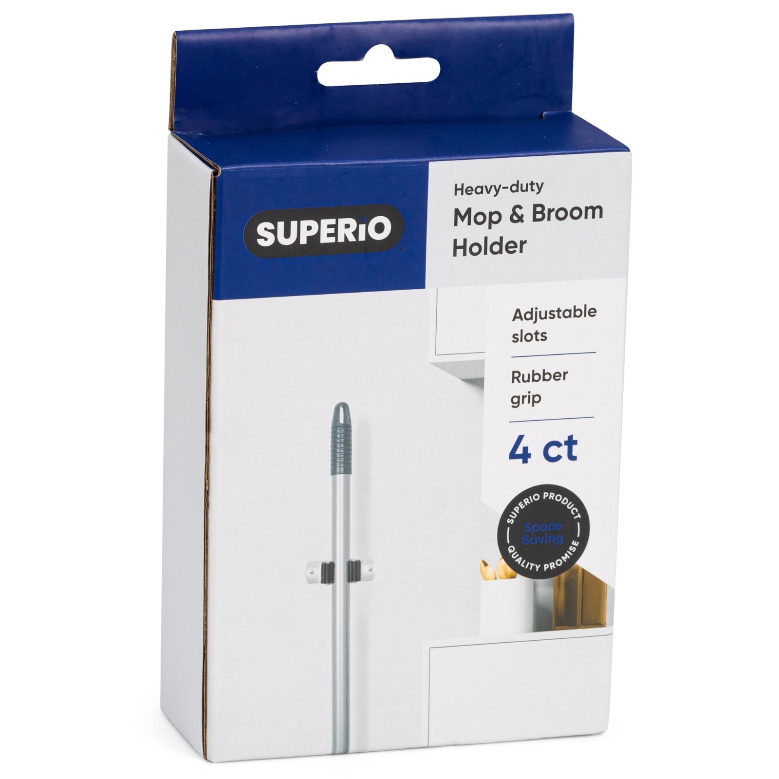 Superio Mop and Broom Holder, Wall Mount Heavy Duty, Single Piece Hooks Set