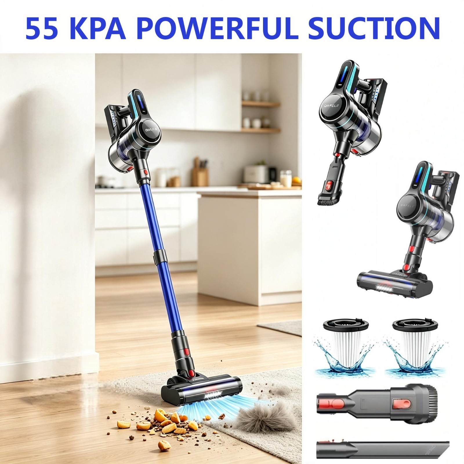 Cordless Vacuum Cleaner 55KPA Stick for Pet Hairs Hardwood Wooden Floor Carpet