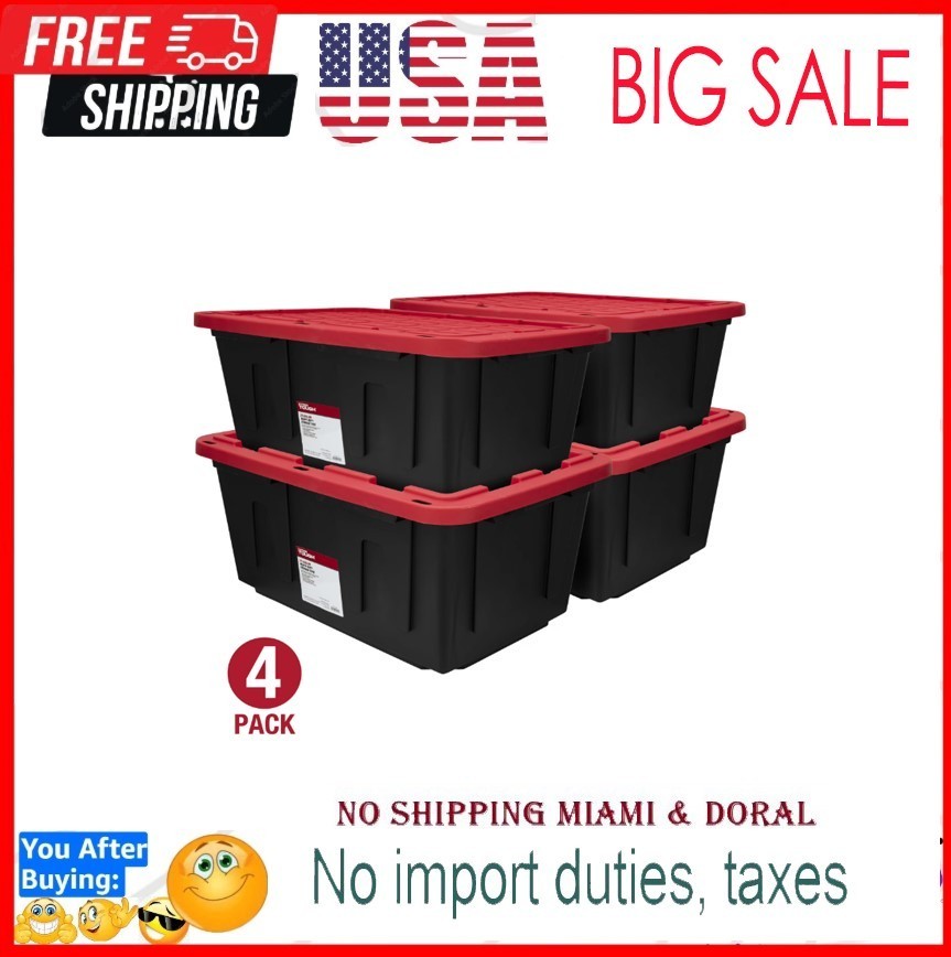 4 Pack Hyper Tough 27 Gal Storage Tote Snap Lid Container Red Lid