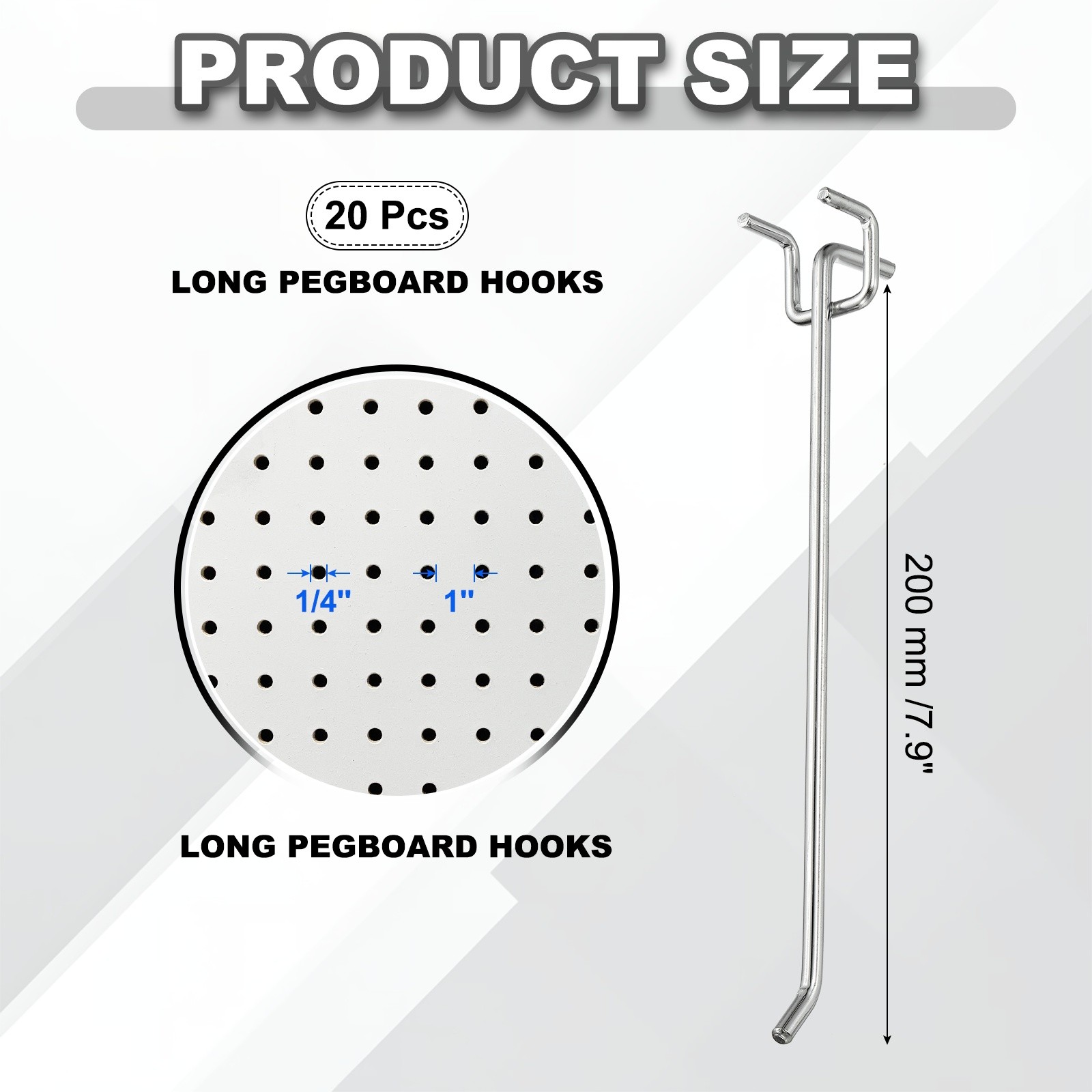 20 Pcs Pegboard Hooks, 7.9″ Peg Board Hooks Kit, Silver Tone (1mm)