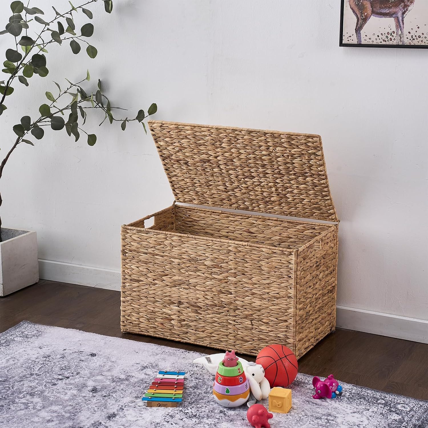 Handwoven Water Hyacinth Storage Basket with Lid, 52.8 Gallon, Foldable