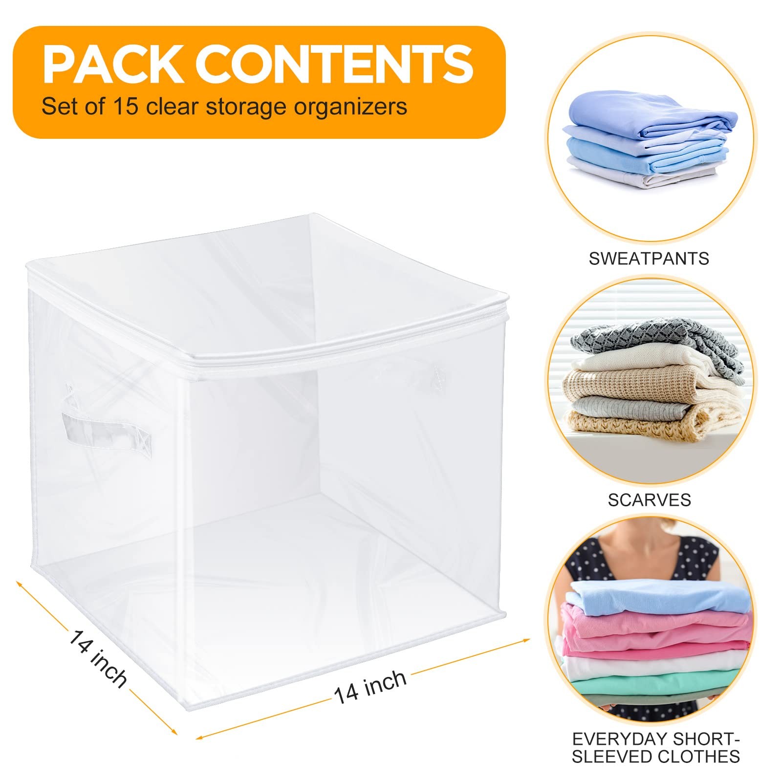Newwiee 15 Pcs Clear Cube Storage Bins 14 X 14 X 14 Inch Plastic Zippered Cube