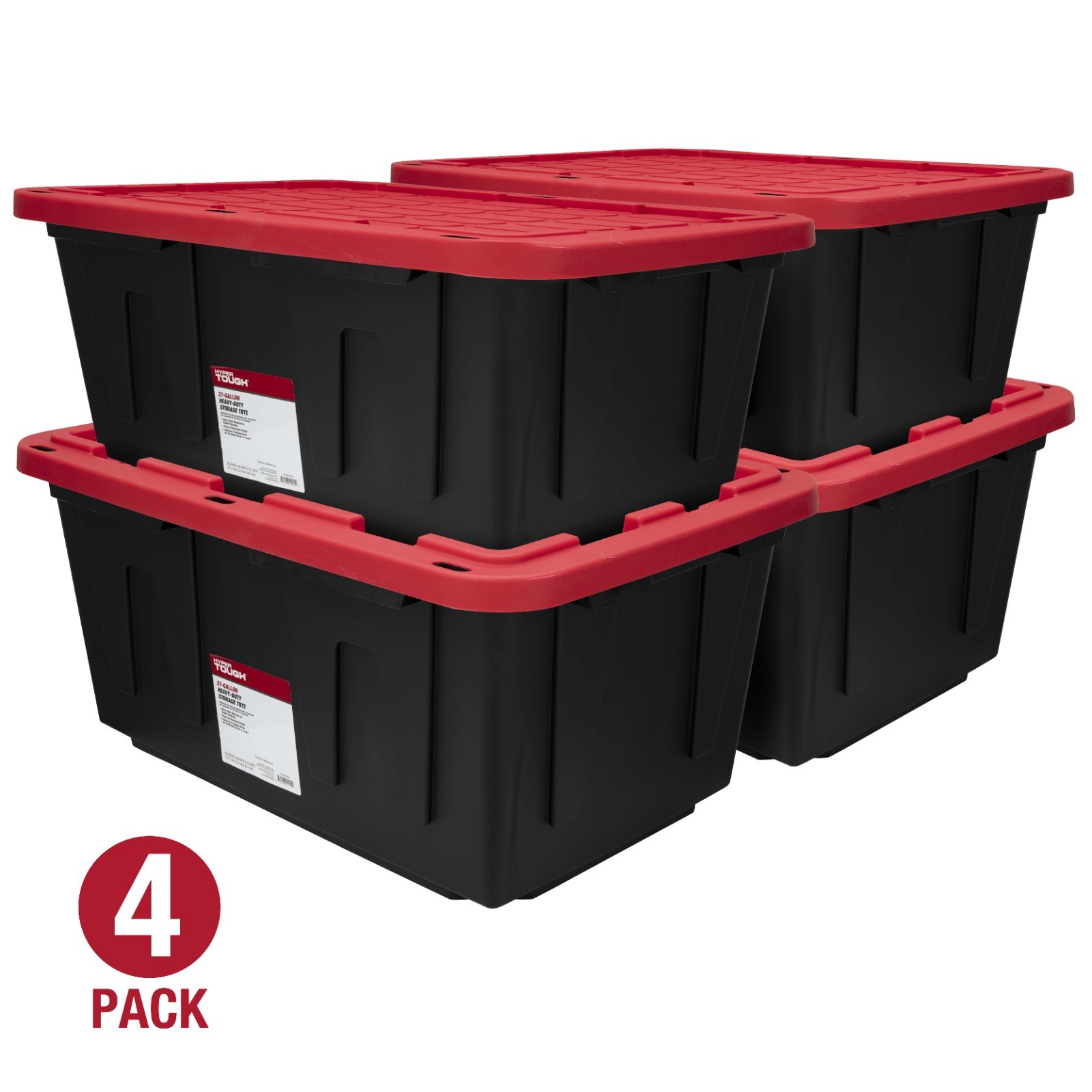 (4 Pack) Hyper Tough 27 Gallon Storage Bin Snap Lid Heavy Duty Plastic Black Red