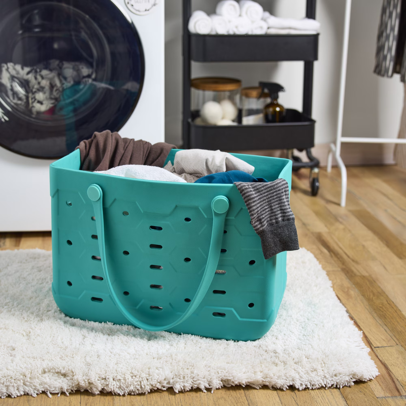 Large Flex Laundry Tote Waterproof Washable EVA Storage Basket Teal 40 lb