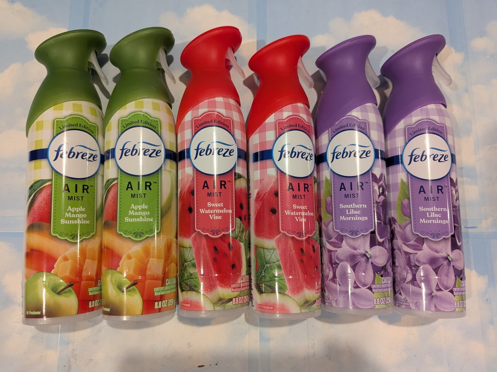 LOT (6) FEBREZE AIR MIST REFRESHER/FRESHENER SPRAY APPLE/WATERMELON/LILAC 8.8 OZ