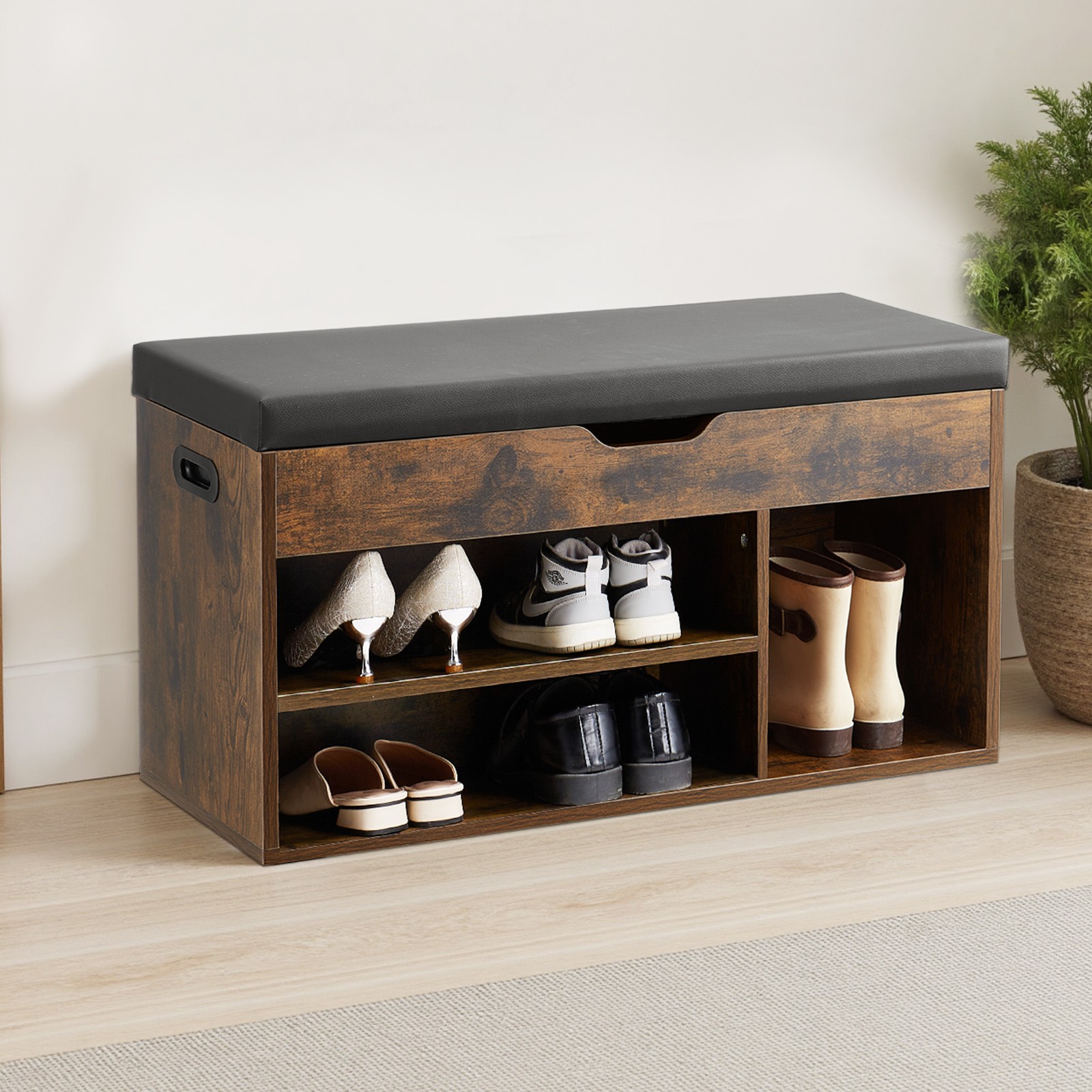 Shoe Bench with Cushion 31.7 x 12.0 x 17.5 Inch 3 Compartments Entryway Storage