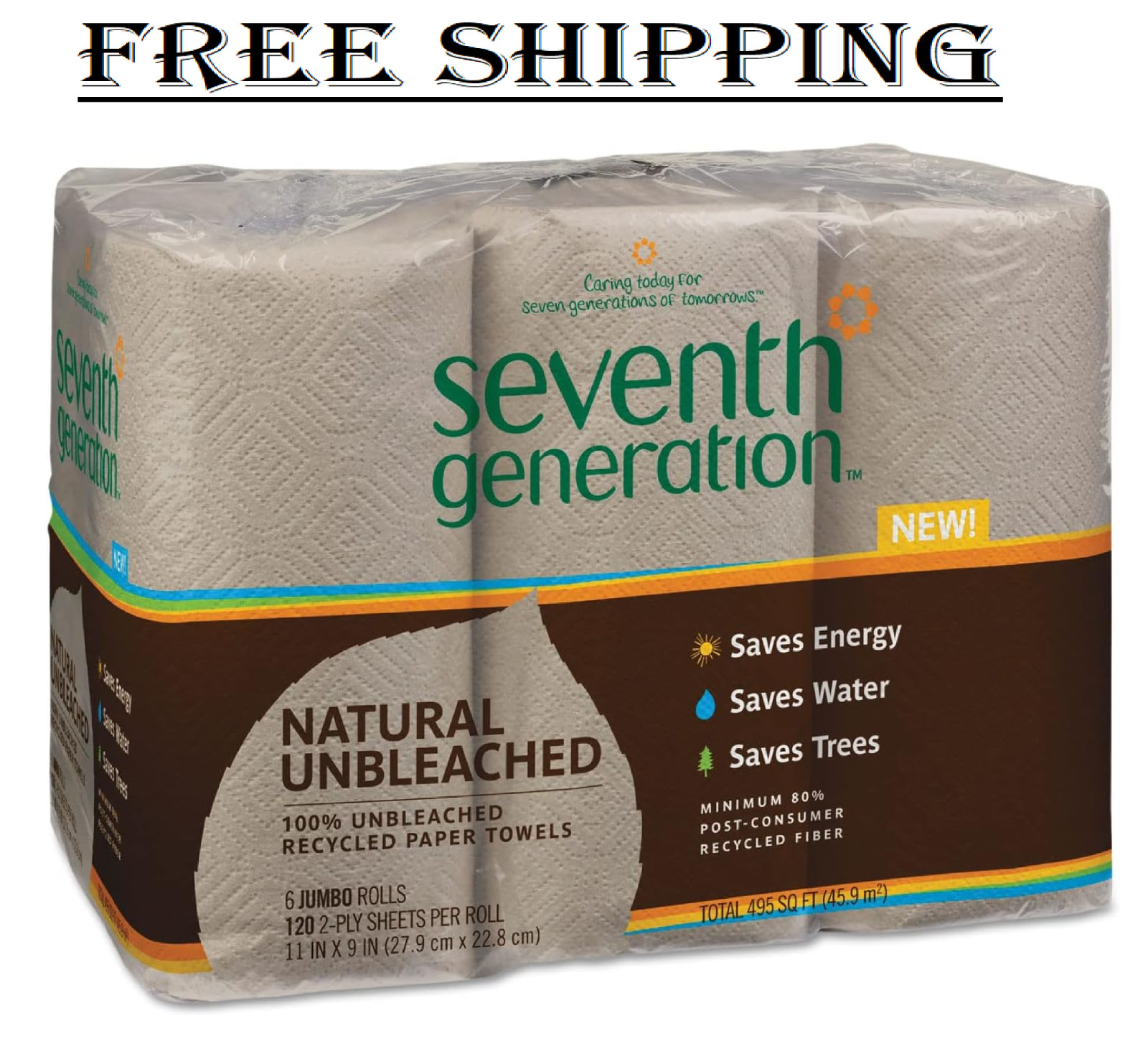 Seventh Generation Unbleached Paper Towels, 100% Recycled Paper, 6 Count