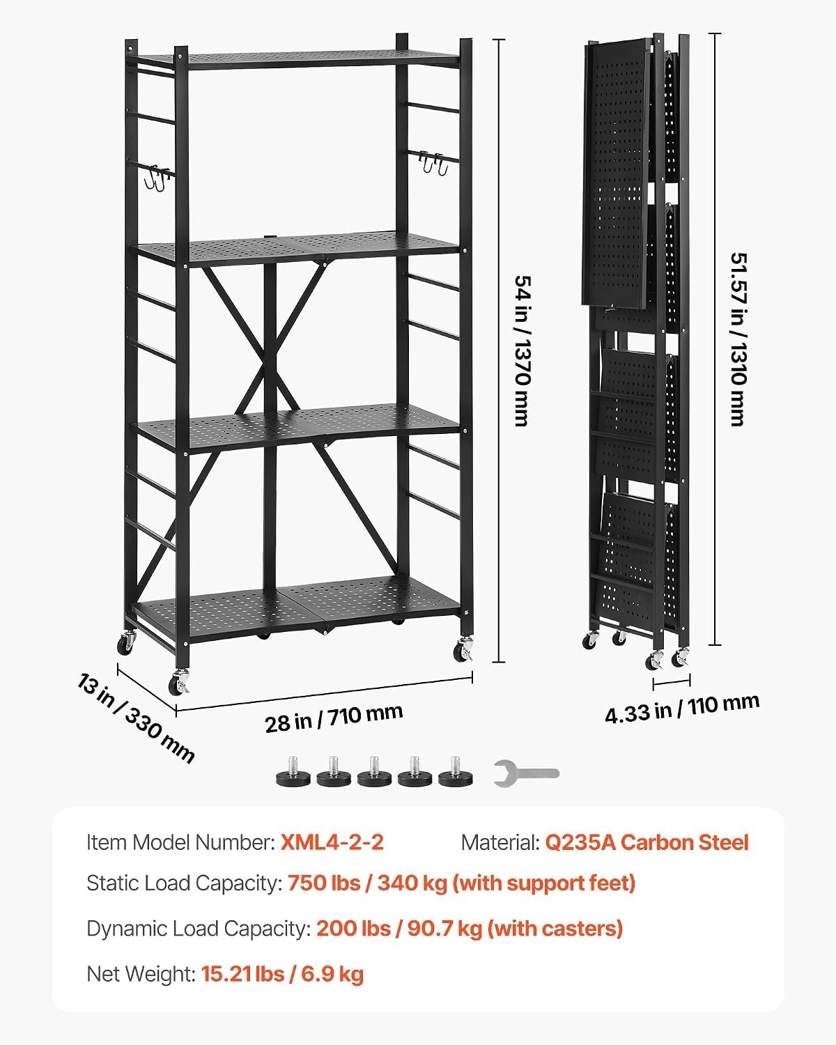 VEVOR 4-Tier Foldable Storage Shelf, 28W x 13D x 54H Inch Metal Rack Shelves