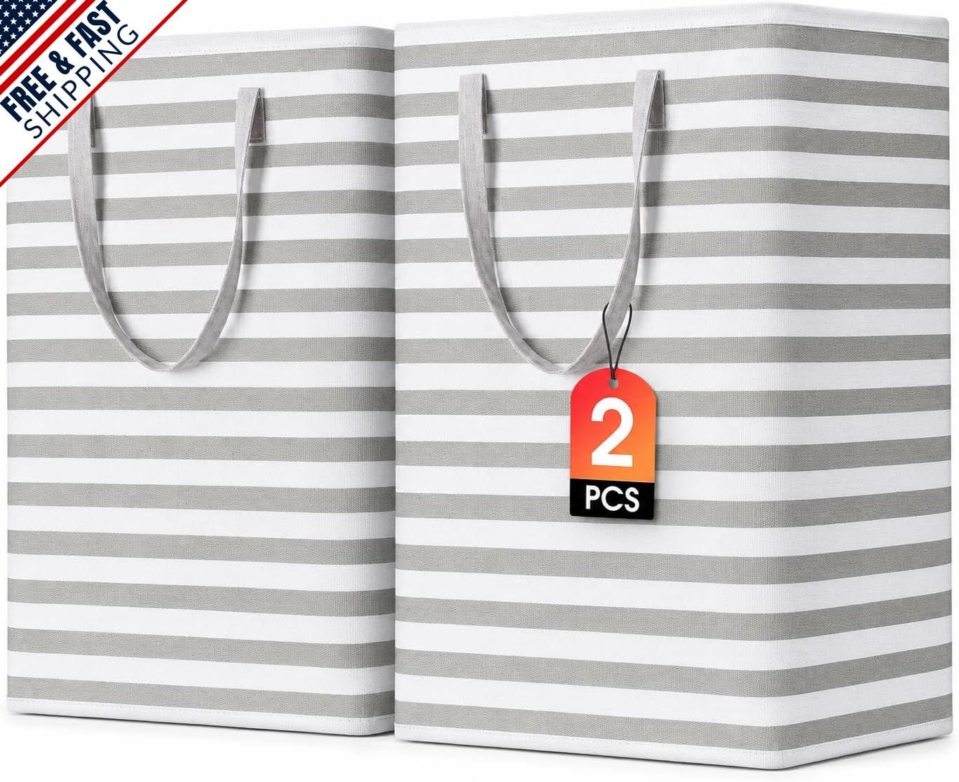 Large Waterproof Collapsible Laundry Baskets with Handles, 75L, Grey, 2 Pack