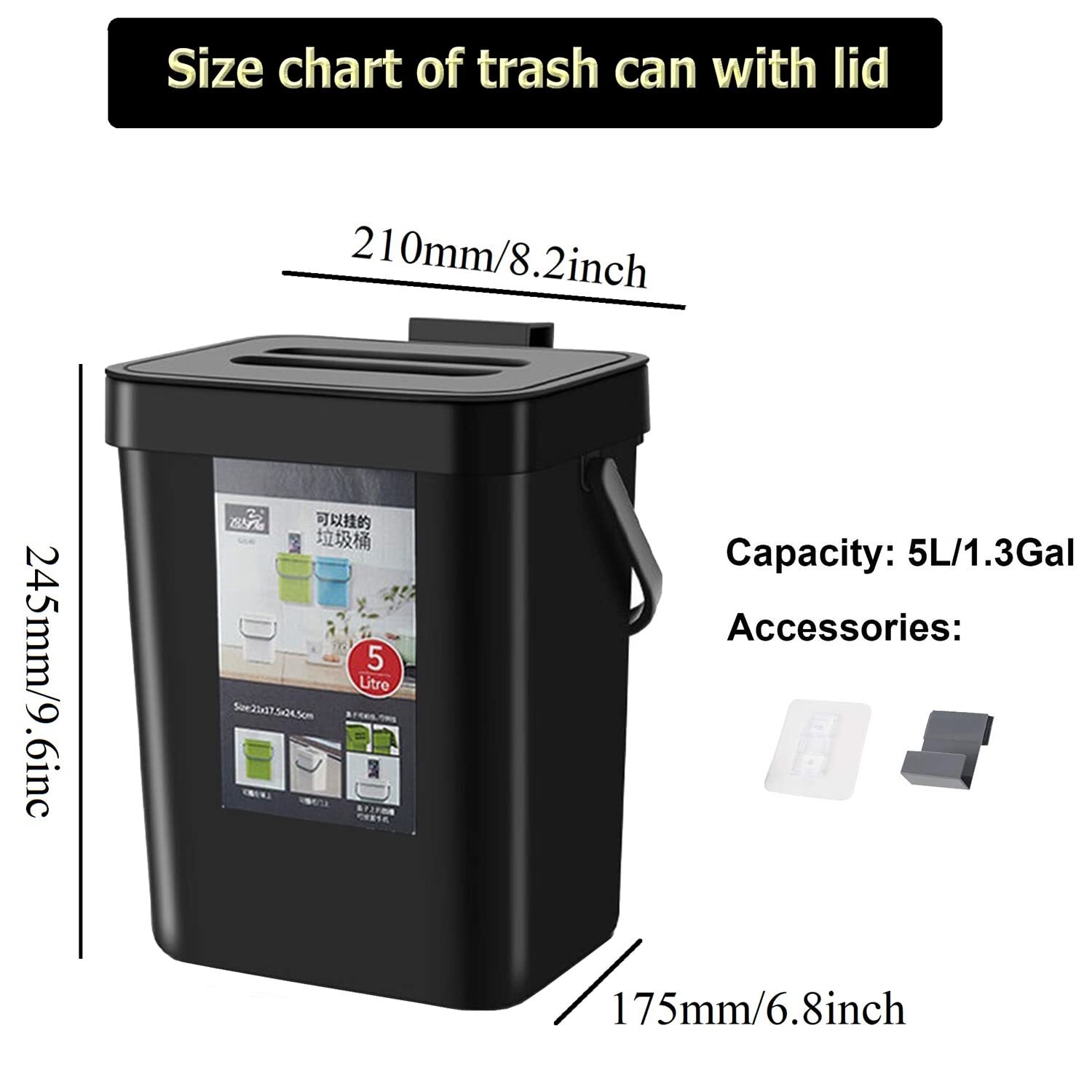 Small Trash Can with Lid 5L/1.3 Gallon Black Kitchen Hanging Mountable
