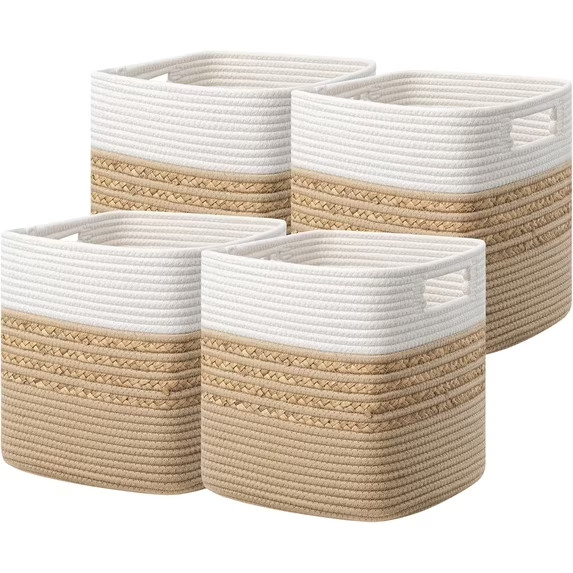 (Set of 4) HBlife 13×13 Storage Cubes Water Hyacinth Cotton Rope Baskets Brown