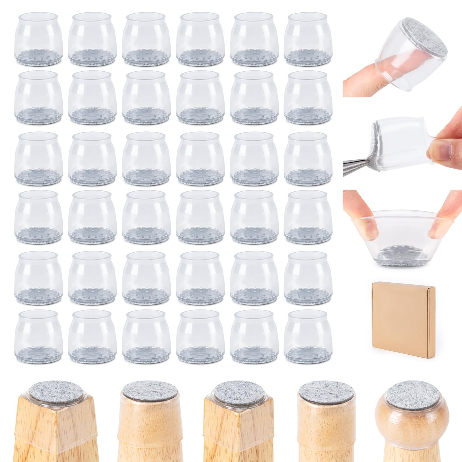 Amrules 36Pcs Chair Leg Floor Universal L(Fit:1.3″-2″), Clear & Silver-36pcs