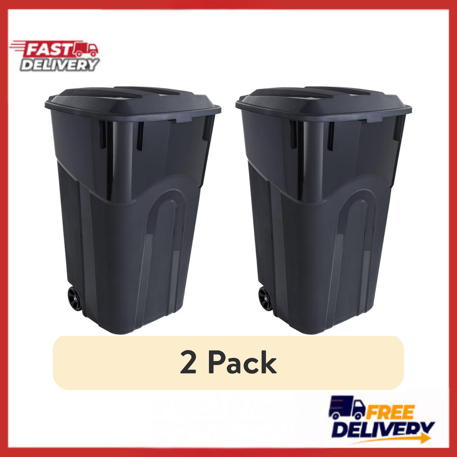 2 Pack Hyper Tough 32 Gallon Rolling Trash Can Heavy Duty Attached Lid Black