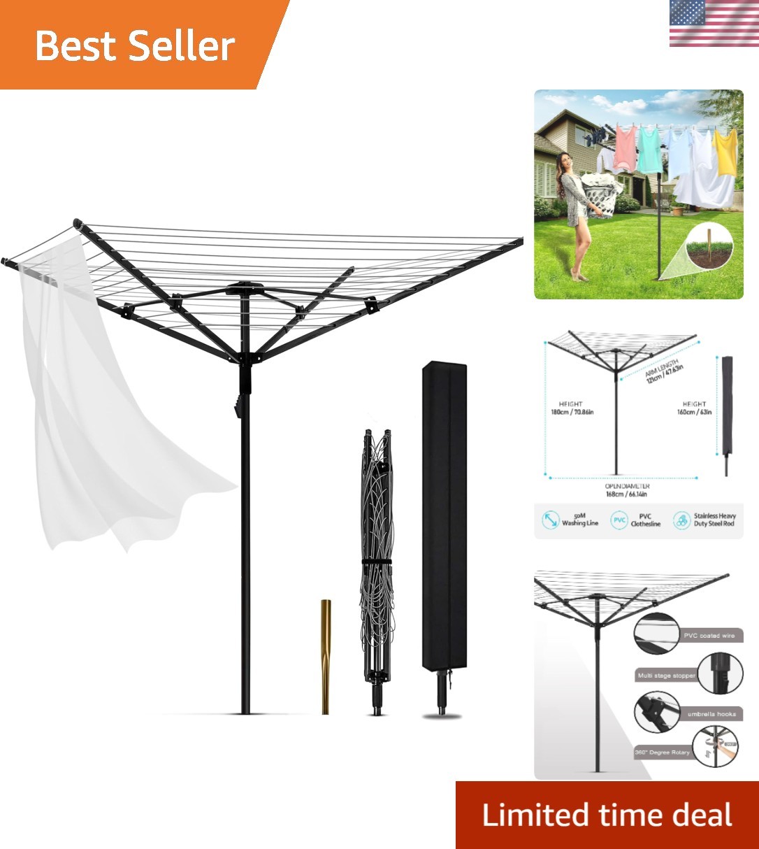 Heavy-Duty Rotary Outdoor Clothesline – Adjustable & Space-Saving 165ft Drying