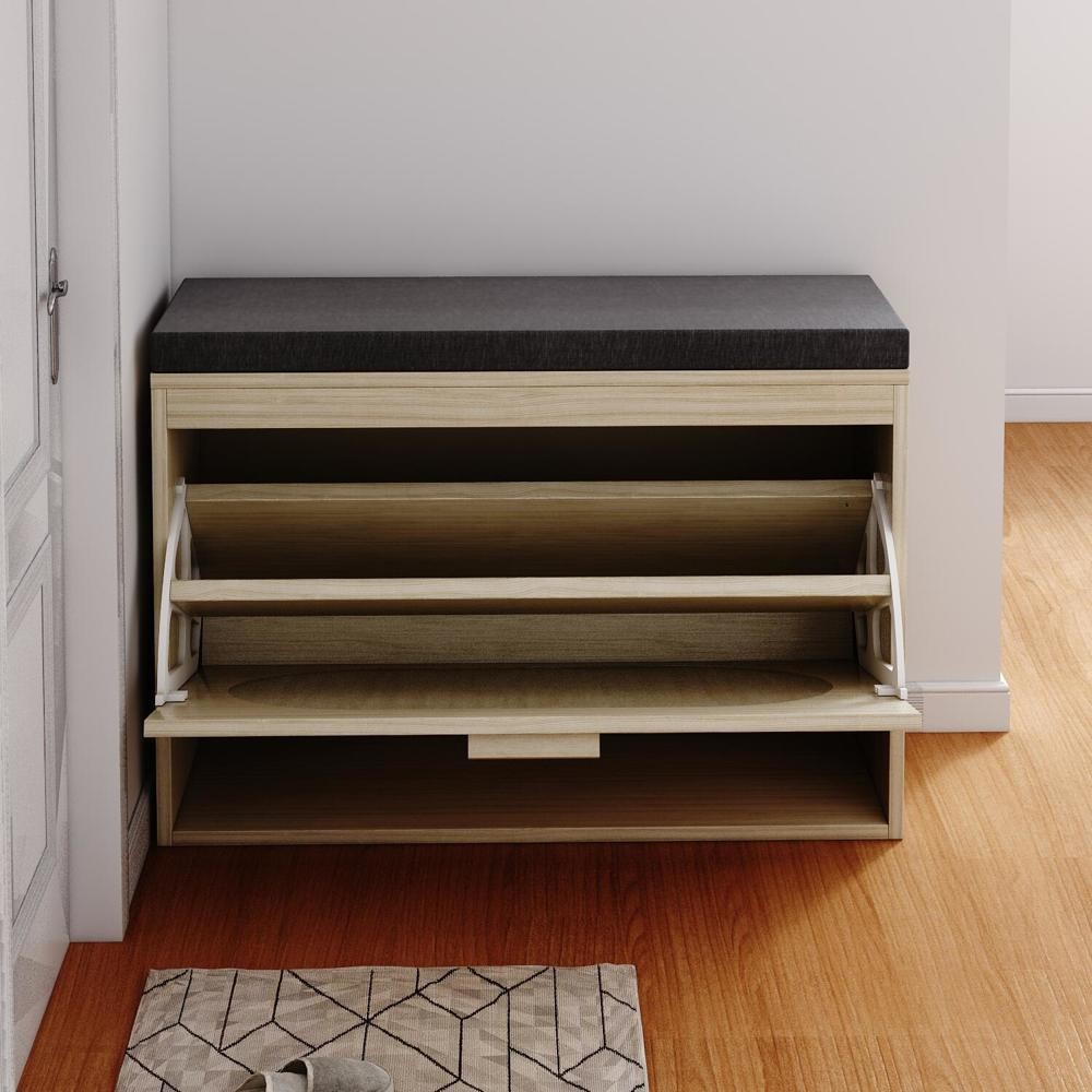 2 Tiers Rattan Shoe Storage Rack Bench Entryway Bench Shoe Cabinet for Hallway
