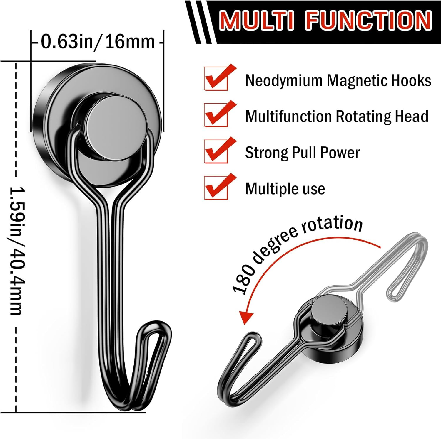 Magnetic Hooks for Cruise Cabins, 6 Pack, 30 LB+, Black | Heavy Duty Magnetic Ho