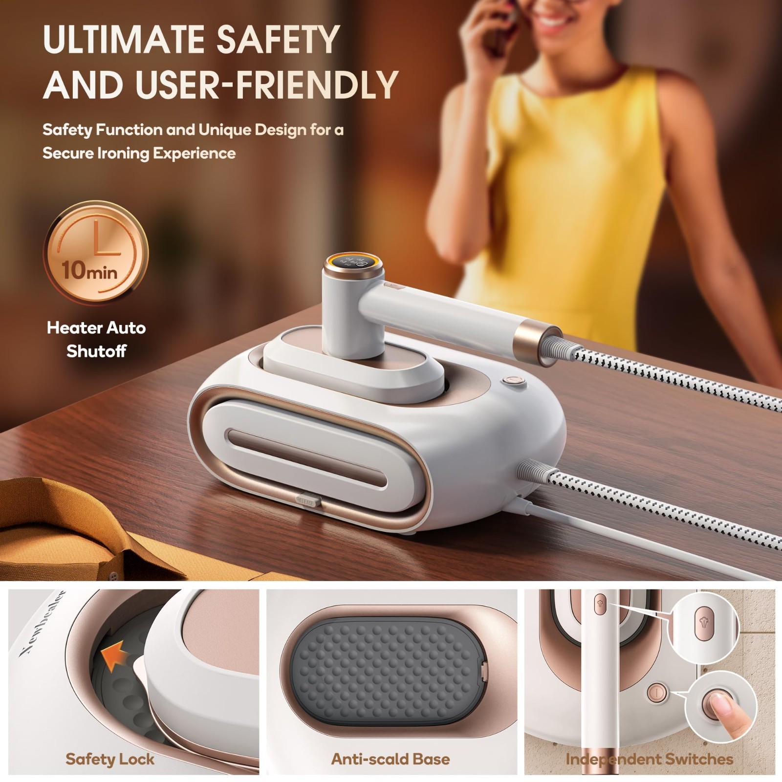 Newbealer – Steamer for Clothes, 1200W Portable Handheld Steam Iron, White-Gold