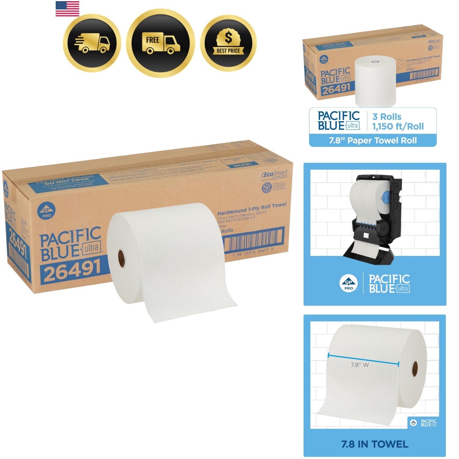 Pacific Blue Ultra 8” High-Capacity Recycled Paper Towel Rolls by GP PRO , W…