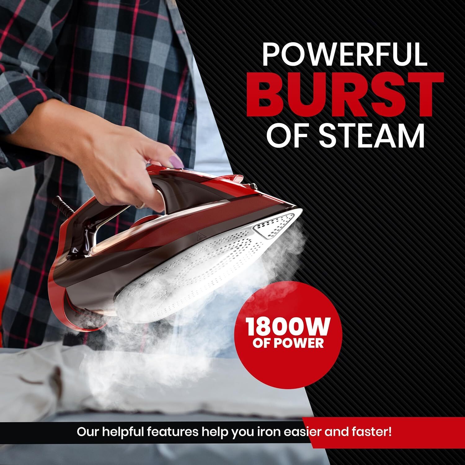 Steam Iron for Clothes – Non-Stick Soleplate – 1800W Clothes Iron