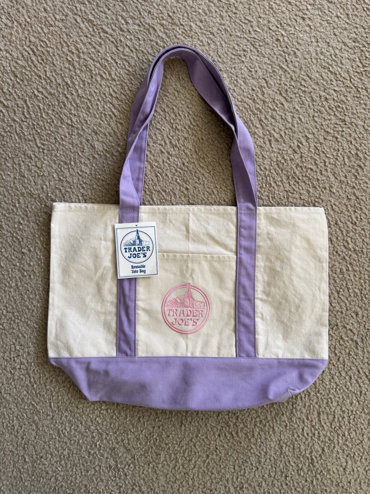 Trader Joe’s Reusable Shopping Bag Foldable Cotton Polyester Canvas Beige Purple
