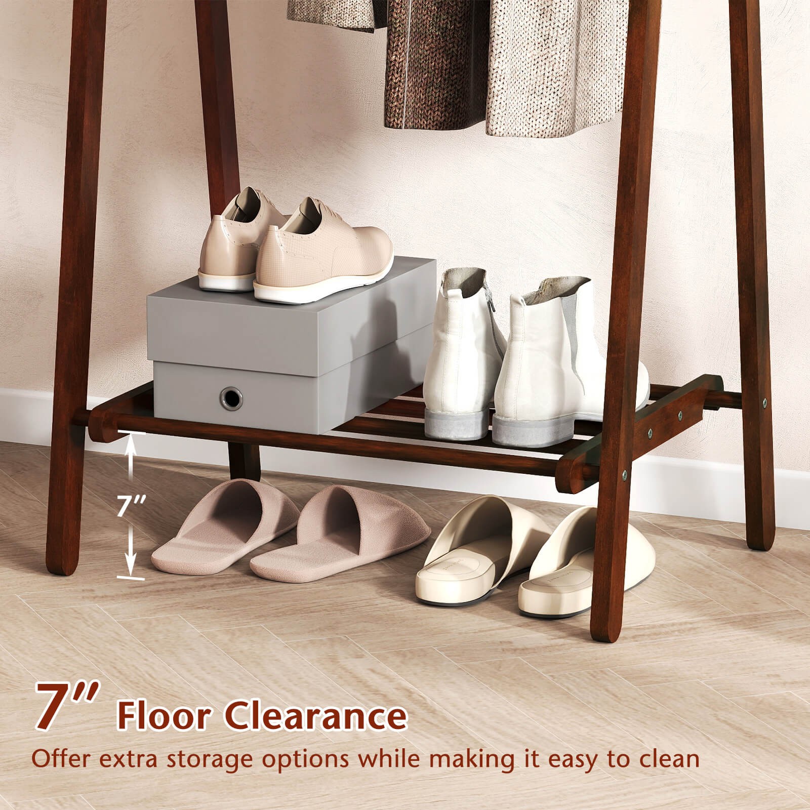 Folding Rubber Wood Clothes Hanging Rack w/Bottom Storage Shelf for Bedroom