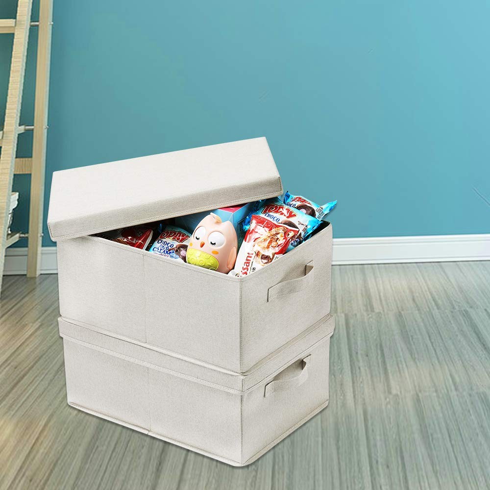 Foldable Storage Bin Lid Cardboard Boxes Carrying Handle Beige 16.5×11.8 In 2 Pk