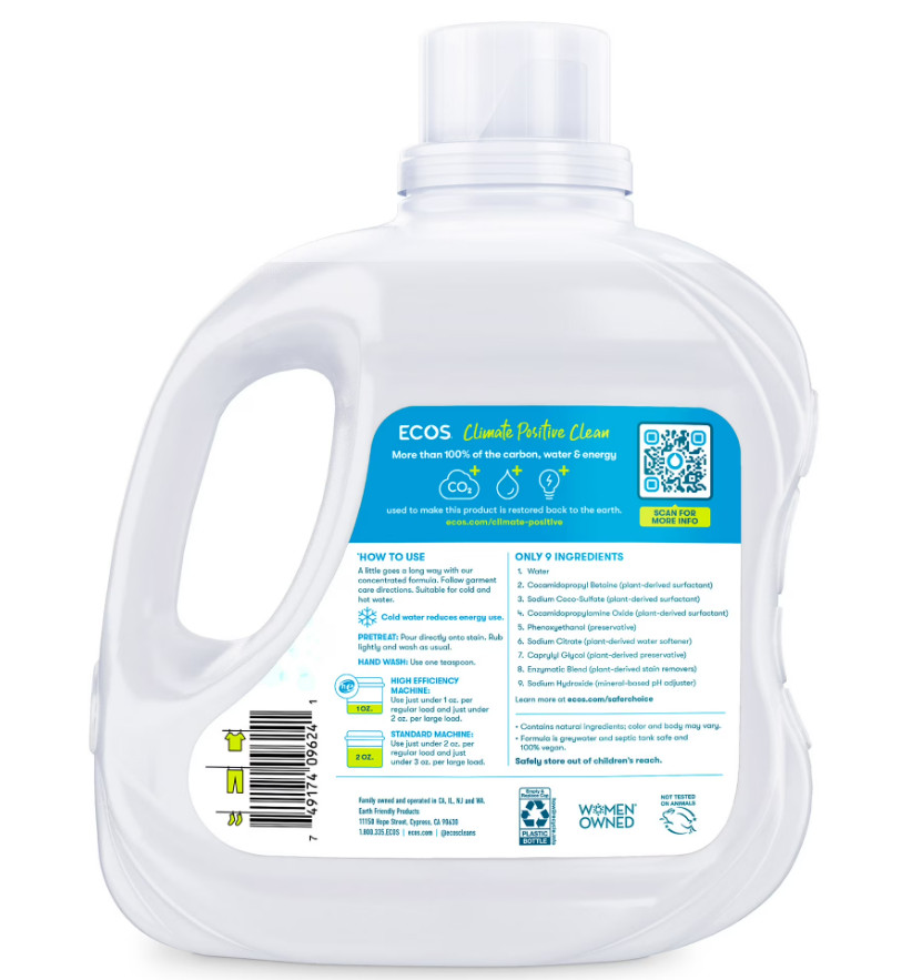 (4 pack) ECOS Hypoallergenic for Sensitive Skin, Free & Clear 120 Loads 110oz