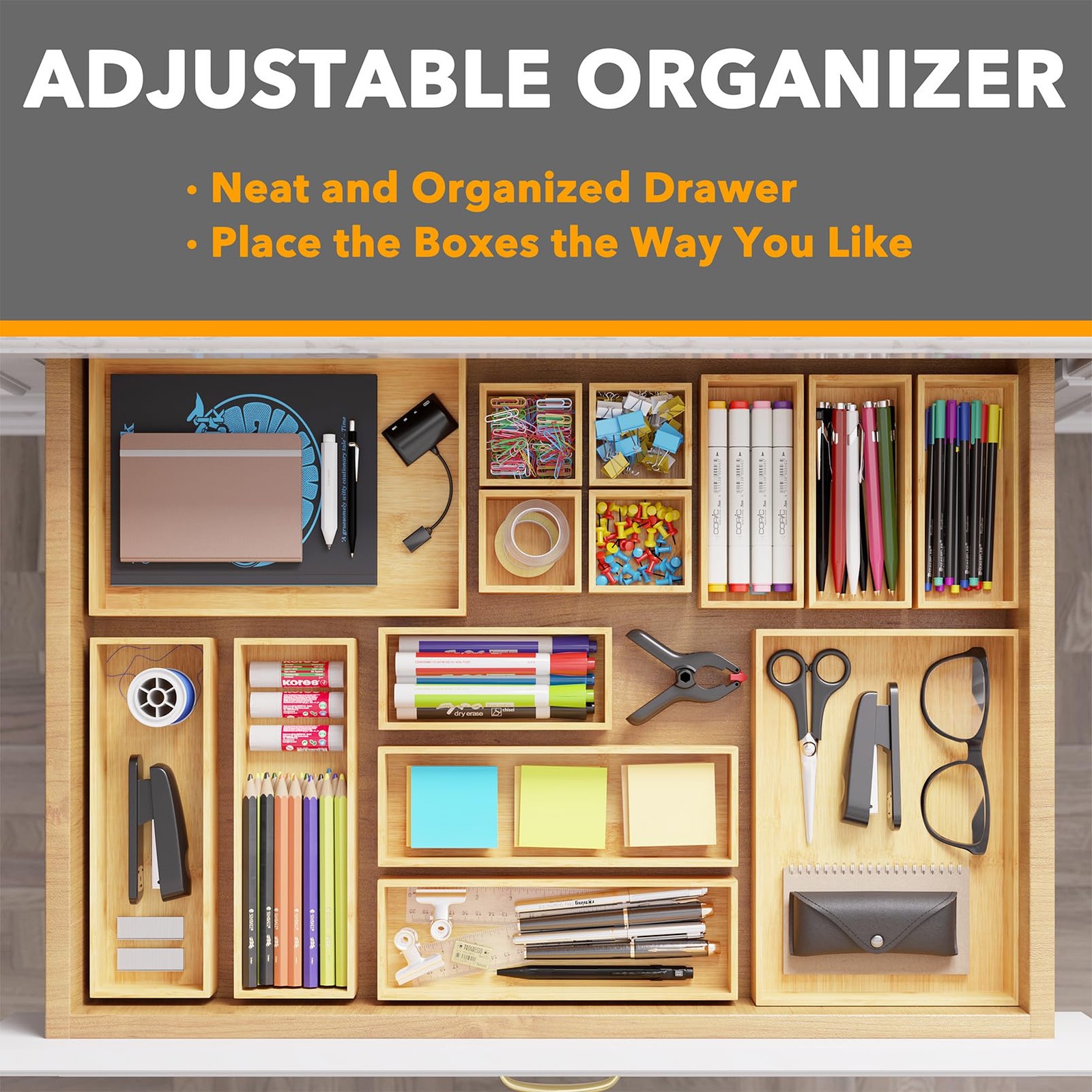 SpaceAid 14Piece Bamboo Drawer Organizer Storage Boxes Set, Wood Tray Junk Dr…