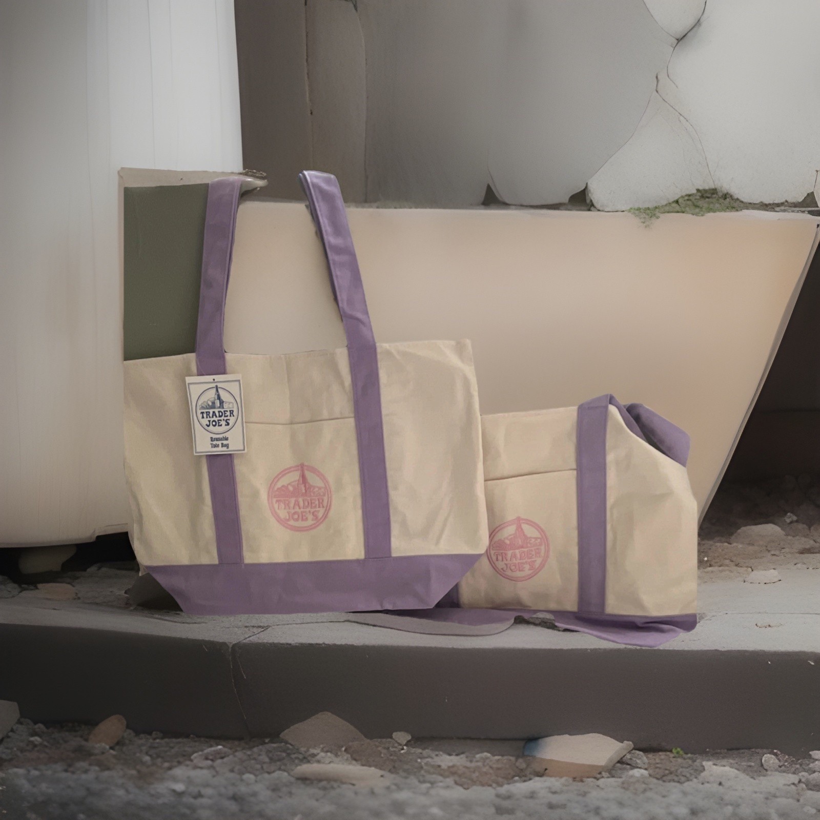 Trader Joe’s Foldable Reusable Tote Bag Beige Purple Solid Plain