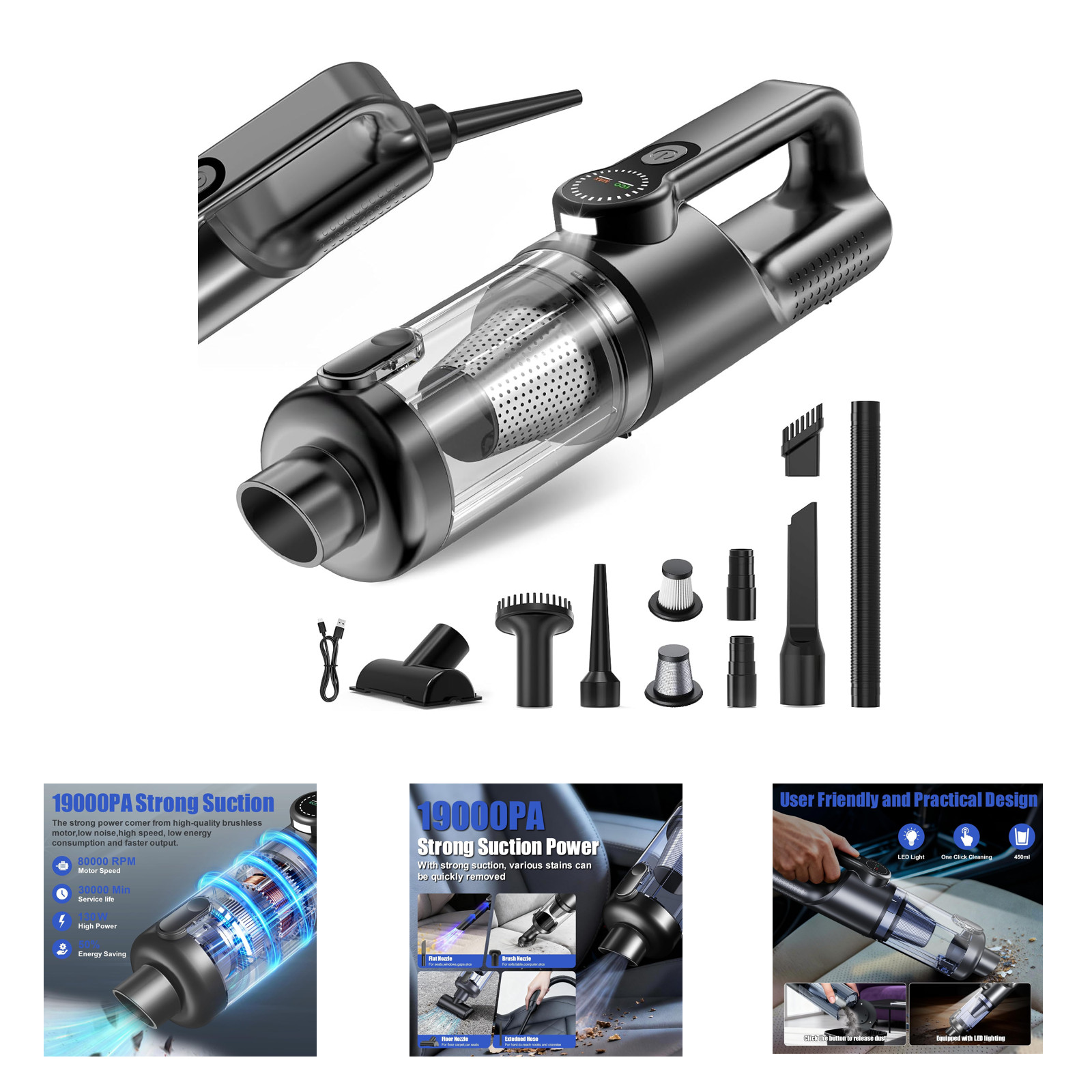 Car Vacuum Cordless 19000 Pa Handheld Multi-Nozzle Brushless Motor with LED