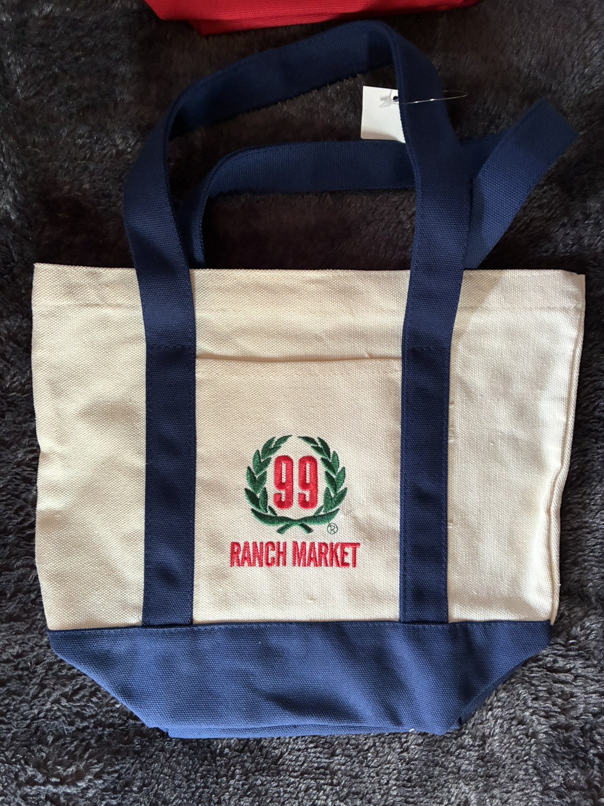 99 Ranch Market Canvas Foldable Tote Bag White Navy Blue All-Over Pattern Medium