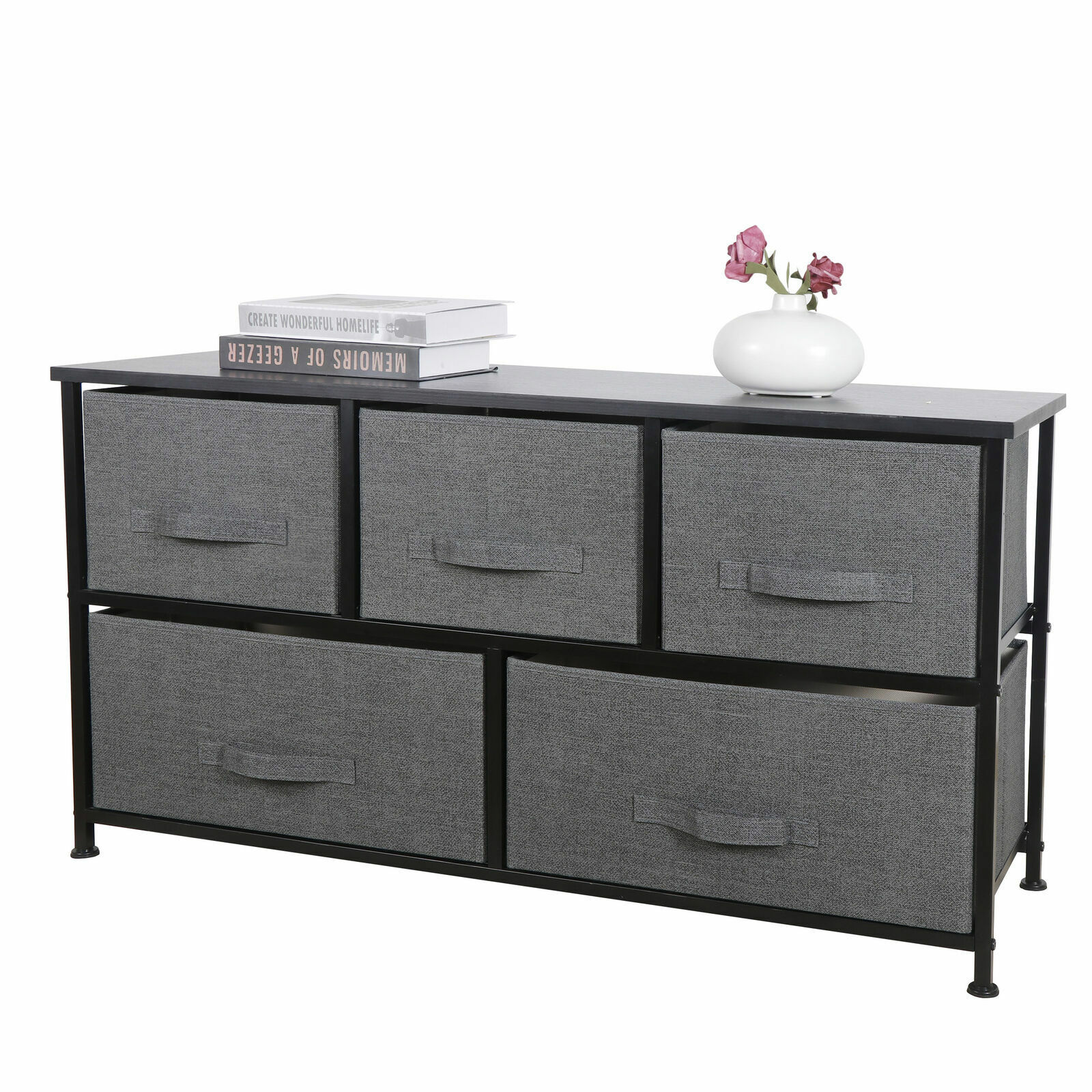 21″ Height Dresser Storage Cabinet 2 Tiers Closet Tower Fiberboard Top 5 Drawers