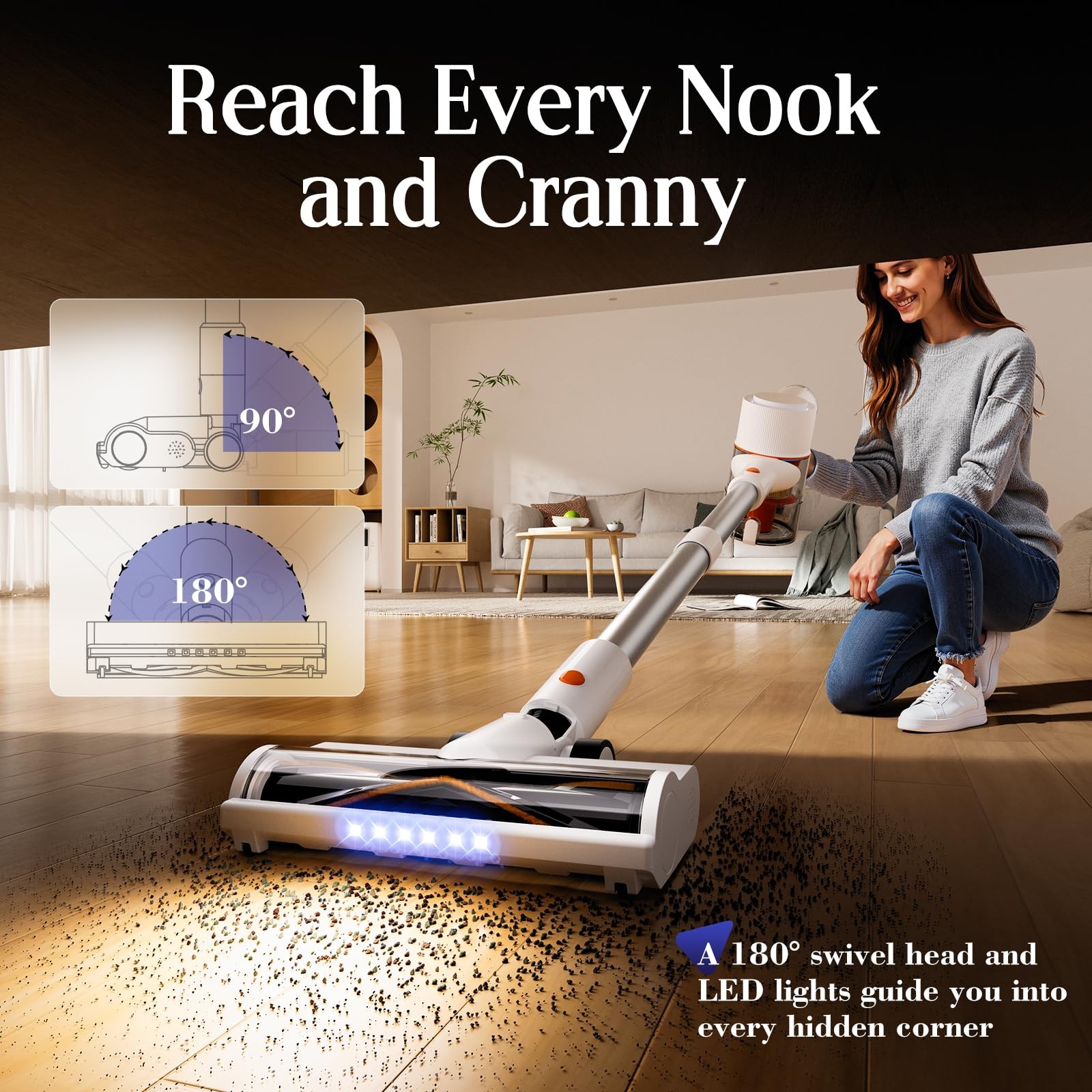 Cordless Vacuum Cleaner, Stick Vac with LED Touch Screen, 45KPA Powerful