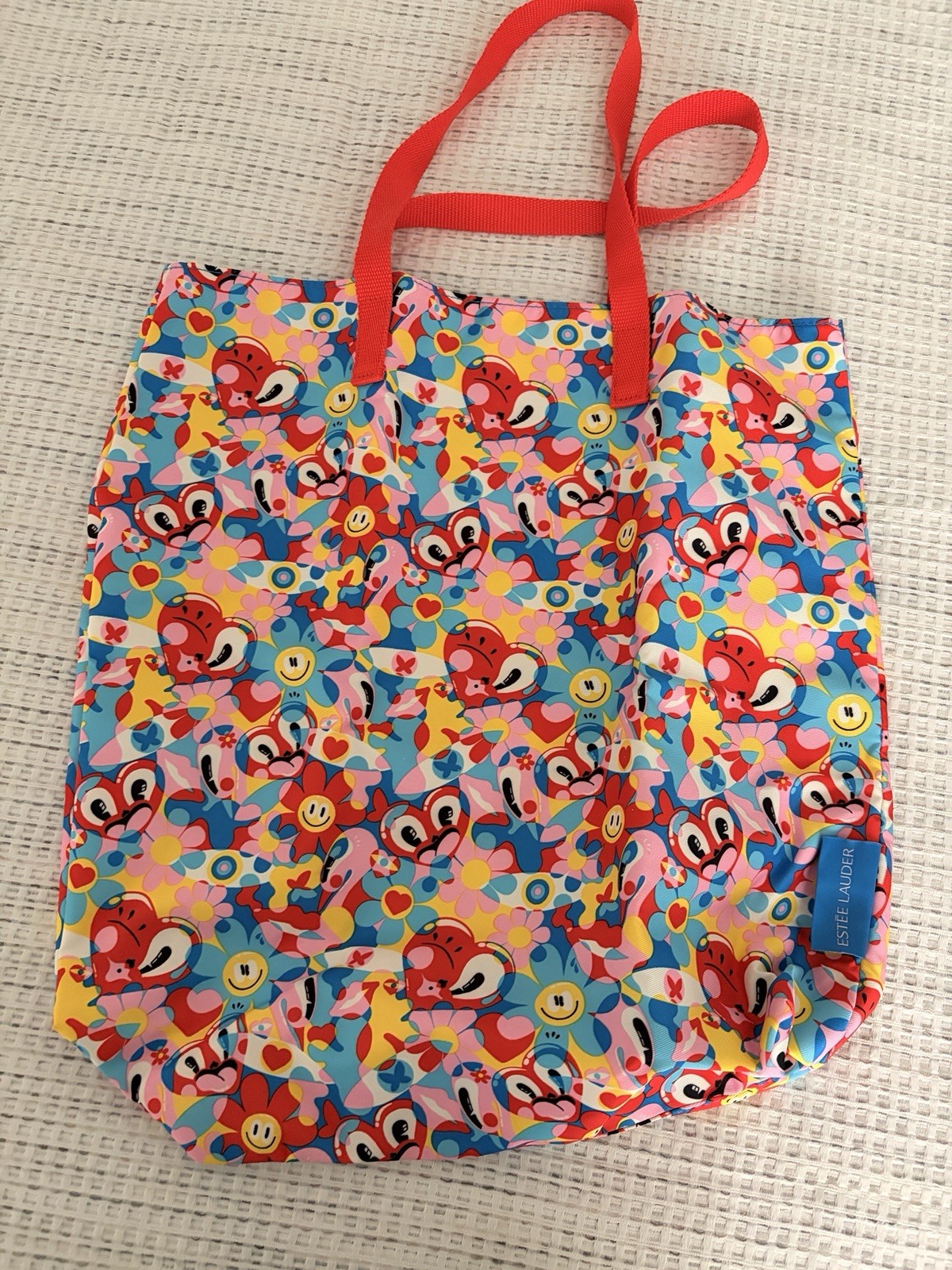 Estée Lauder Multicolor All-Over Print Tote Reusable Shopping Bag, Red Handles