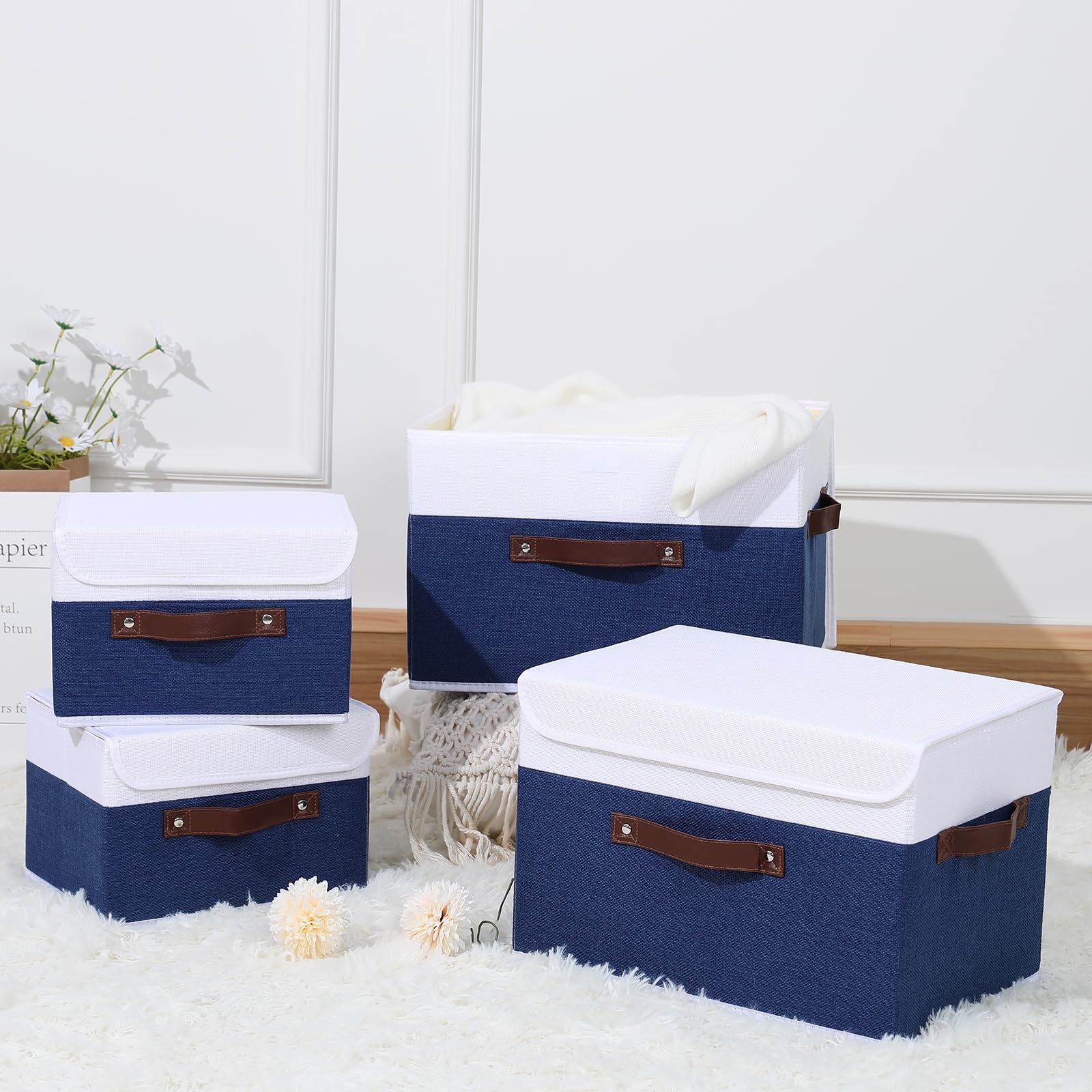 Large Deep Blue White Foldable Linen Fabric Storage Box Lid Leather Handle