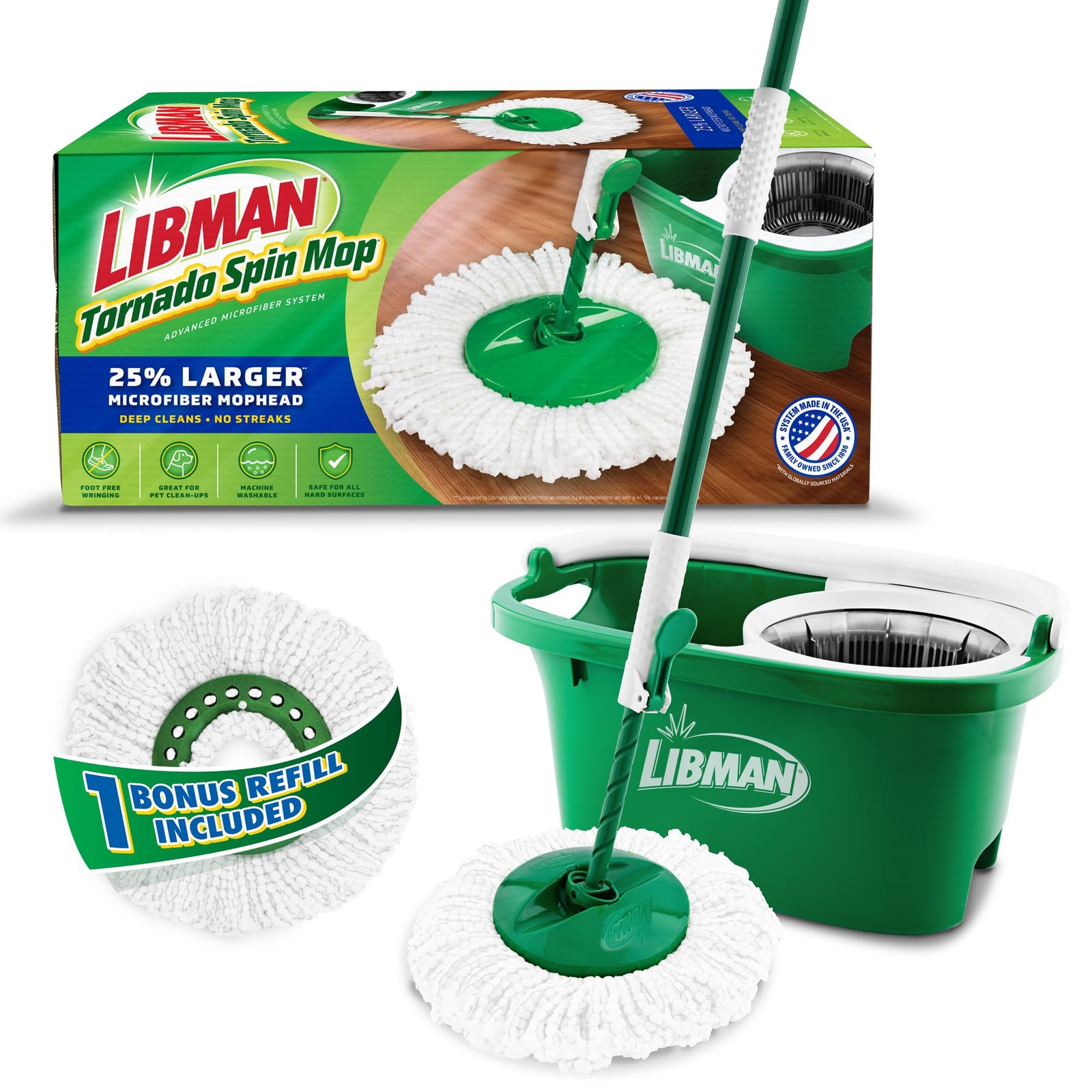 Libman Tornado Spin Mop System and 1 Refill, Mop and Bucket with Wringer Set