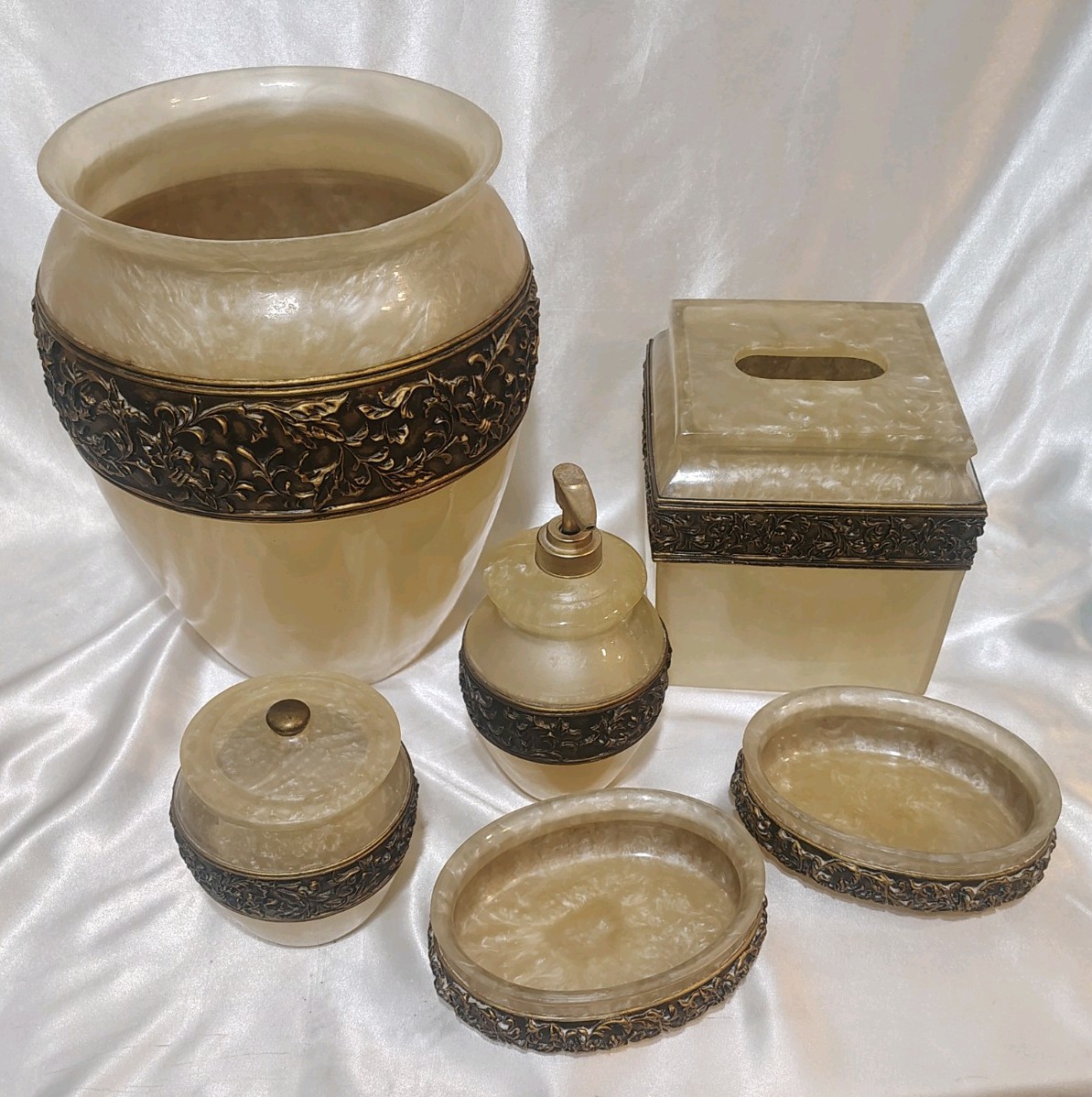 Vintage Wamsutta Bronze & Pearl Ivory Faux Marble Bathroom Set of 6