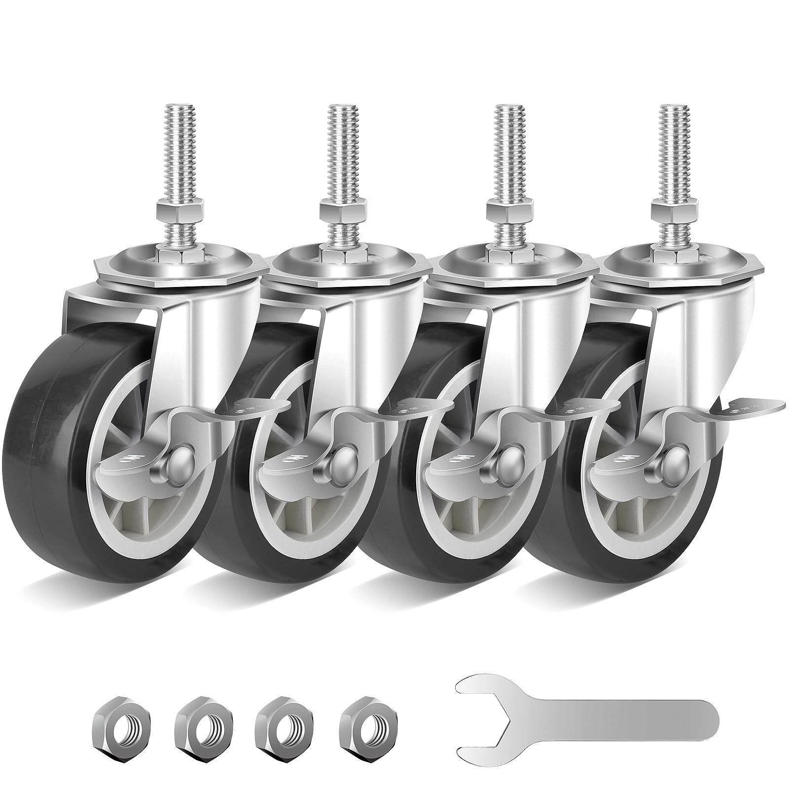 NISUSK 3 Inch Heavy Duty Stem Casters Swivel Wheels with Brake 3/8″ 16 x 11/…