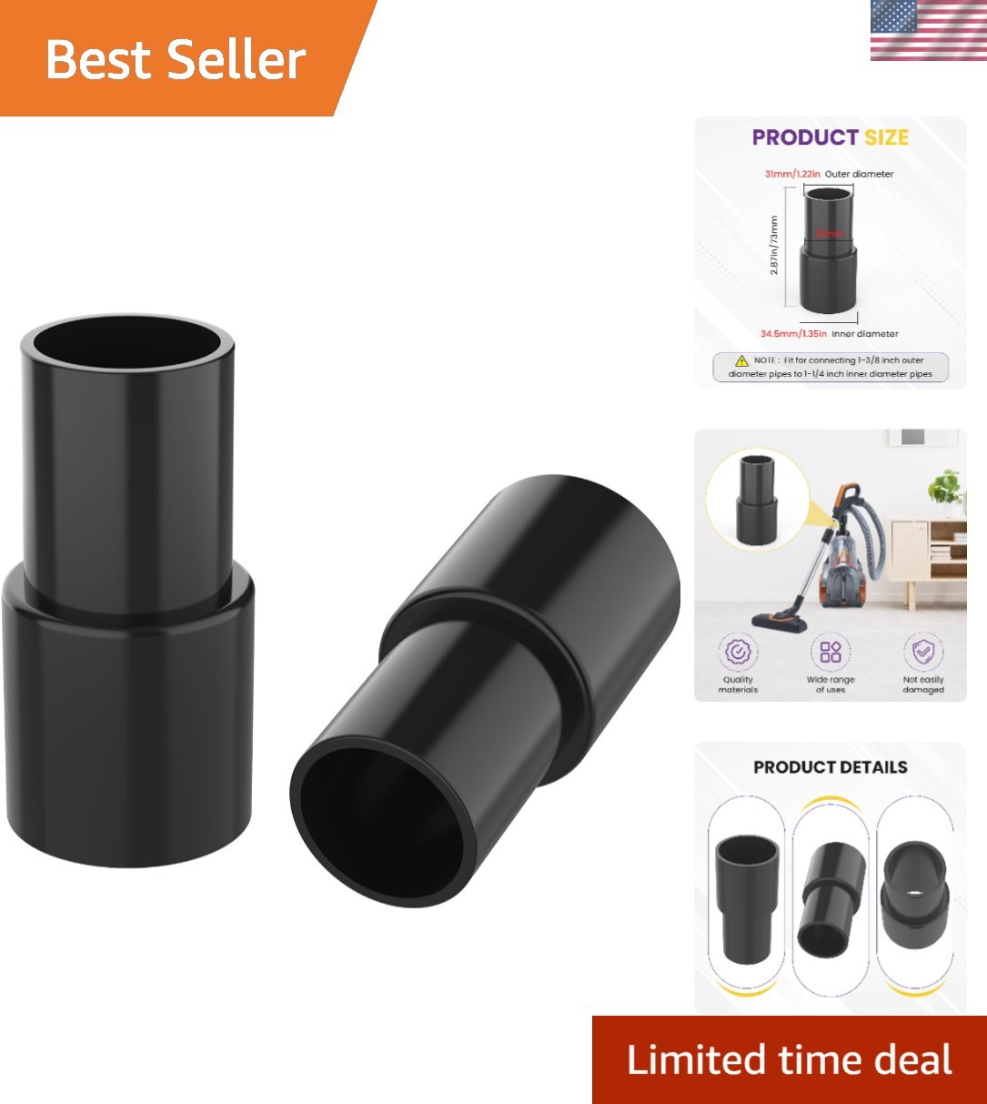 Black Plastic Vacuum Hose Connector Reducer – Connects 1-3/8″ OD to 1-1/4″ ID
