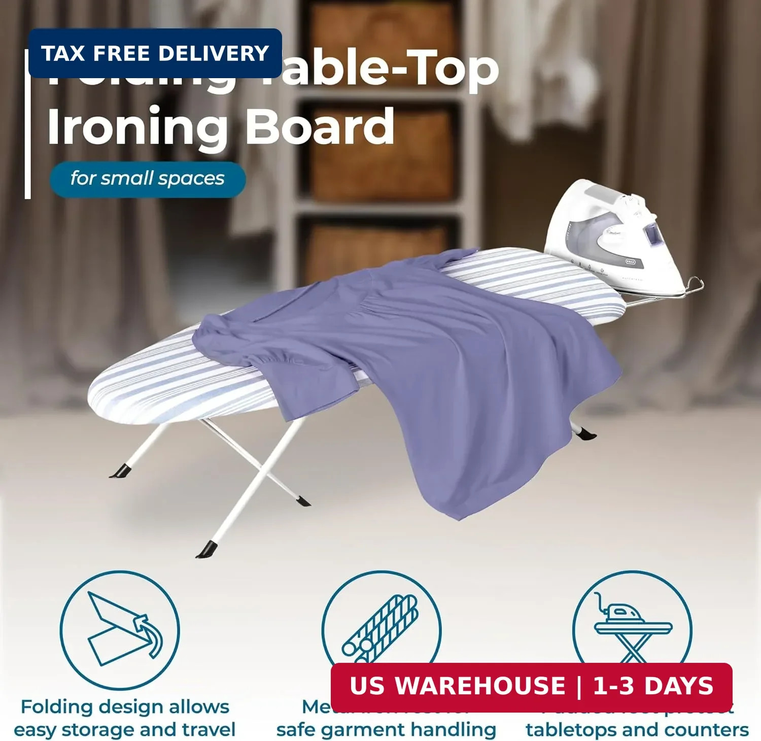 Folding Tabletop Ironing Board with Iron Rest, Blue, 32” L X 12” W, Steel Frame