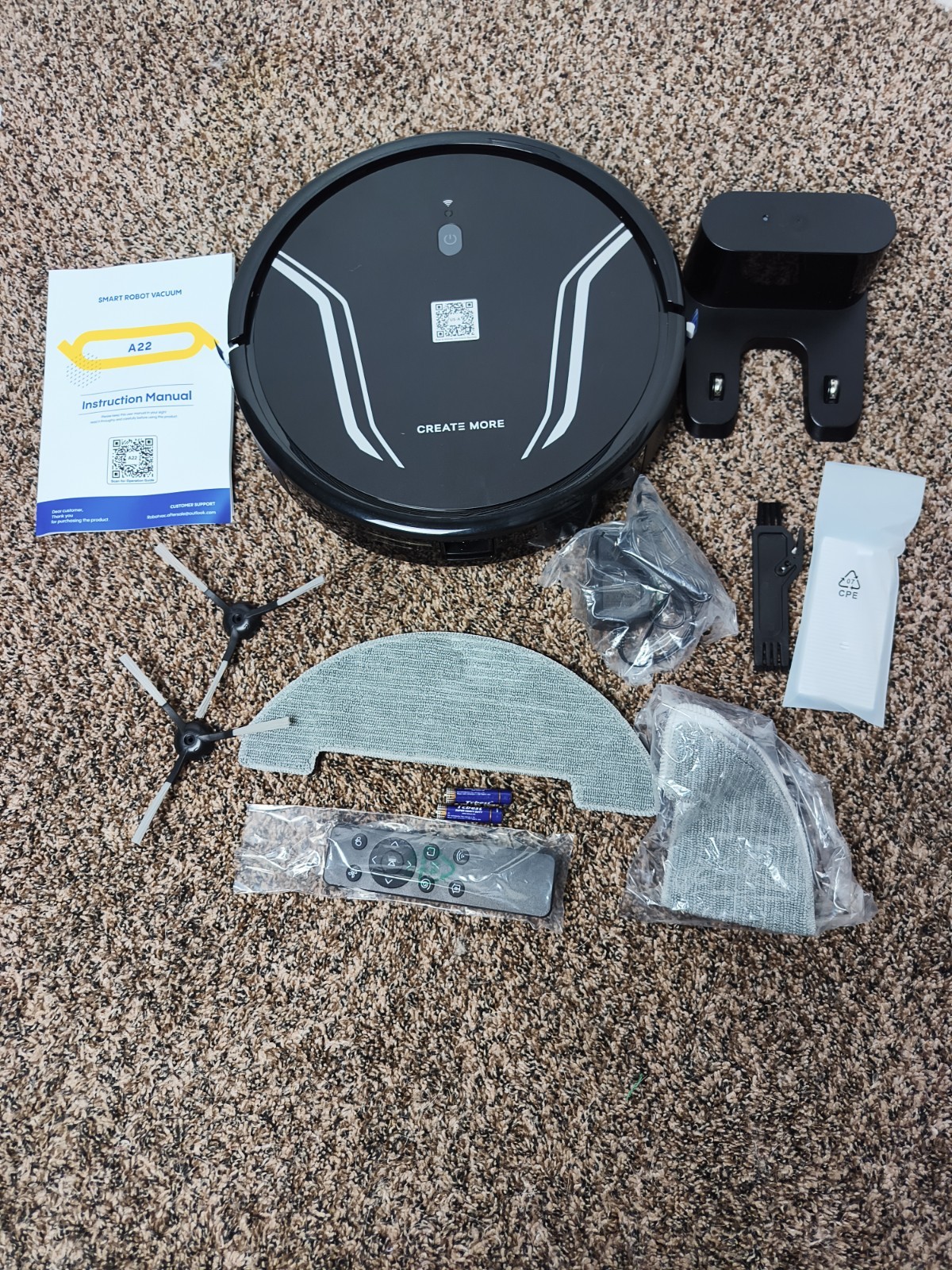 A22 Robotic Vacuum, Wi‑Fi Remote, Smart Mapping, Bagless, Black w/ Dock